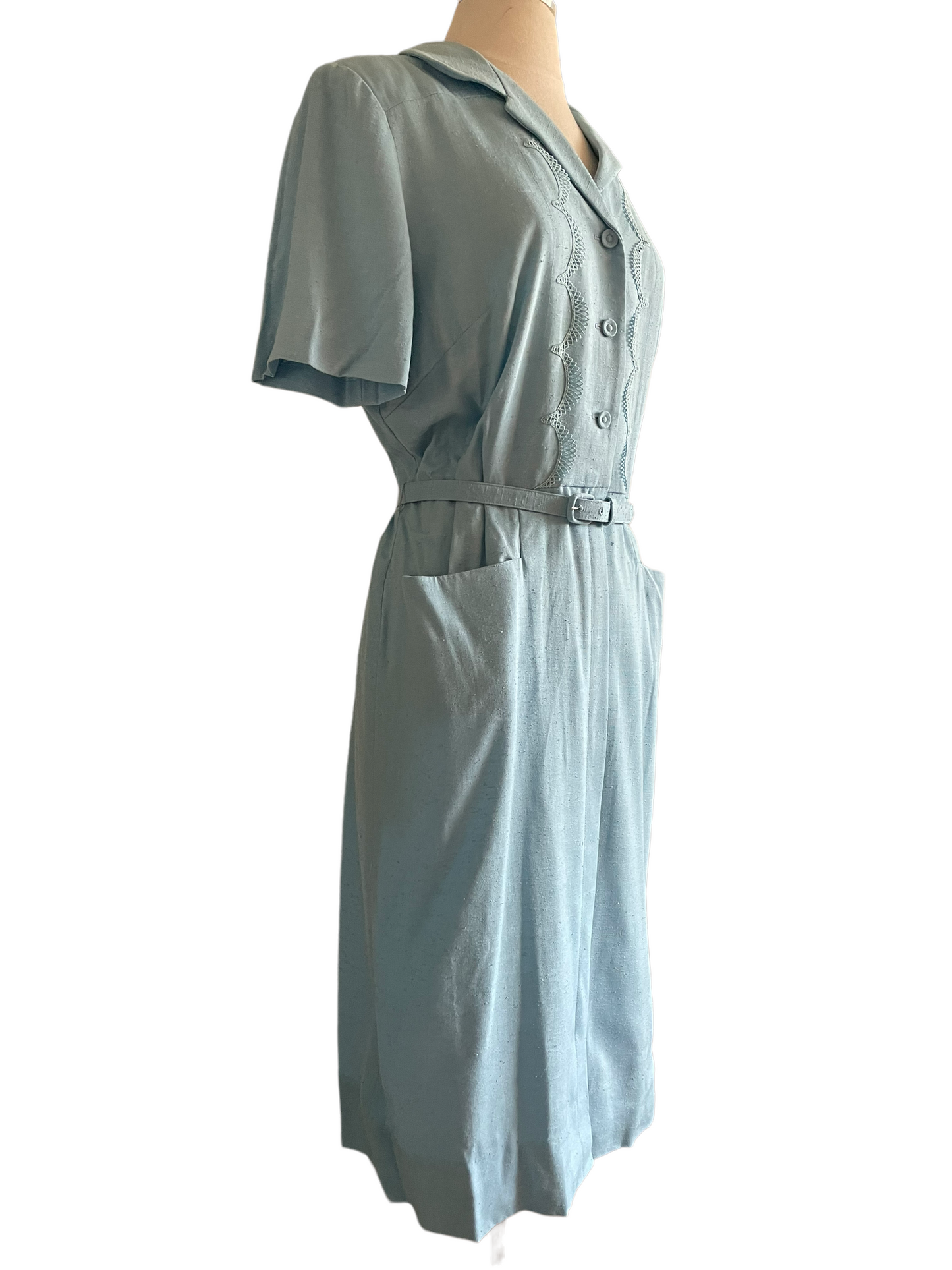 Vintage 1950s Deadstock Lordleigh Light Blue Silk and Rayon Dress SZ M|  Barn Owl Vintage | Seattle Vintage Dresses Front right side view.