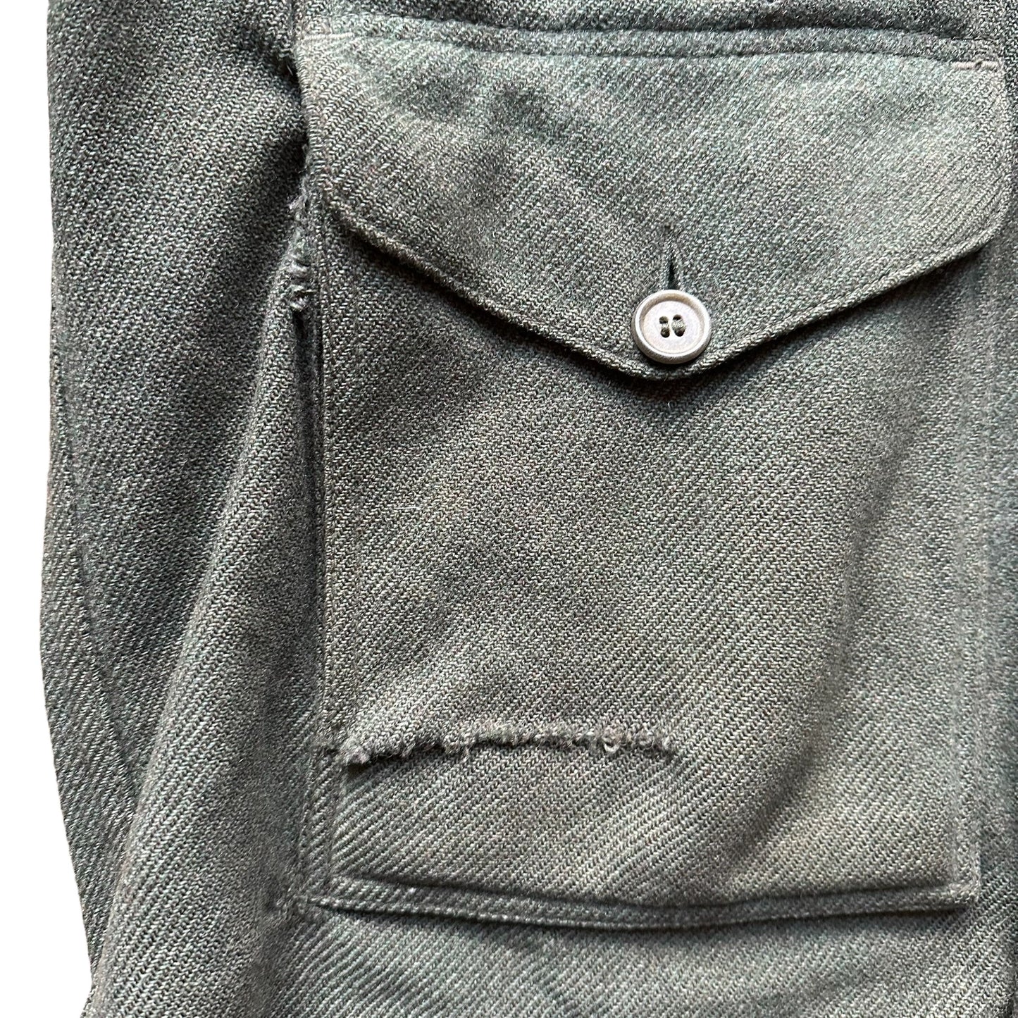 Repaired Pocket Detail on Vintage Early 70s Filson Herringbone Green Cape Coat SZ 46 |  Vintage Filson Cape Coat | Vintage Workwear Seattle