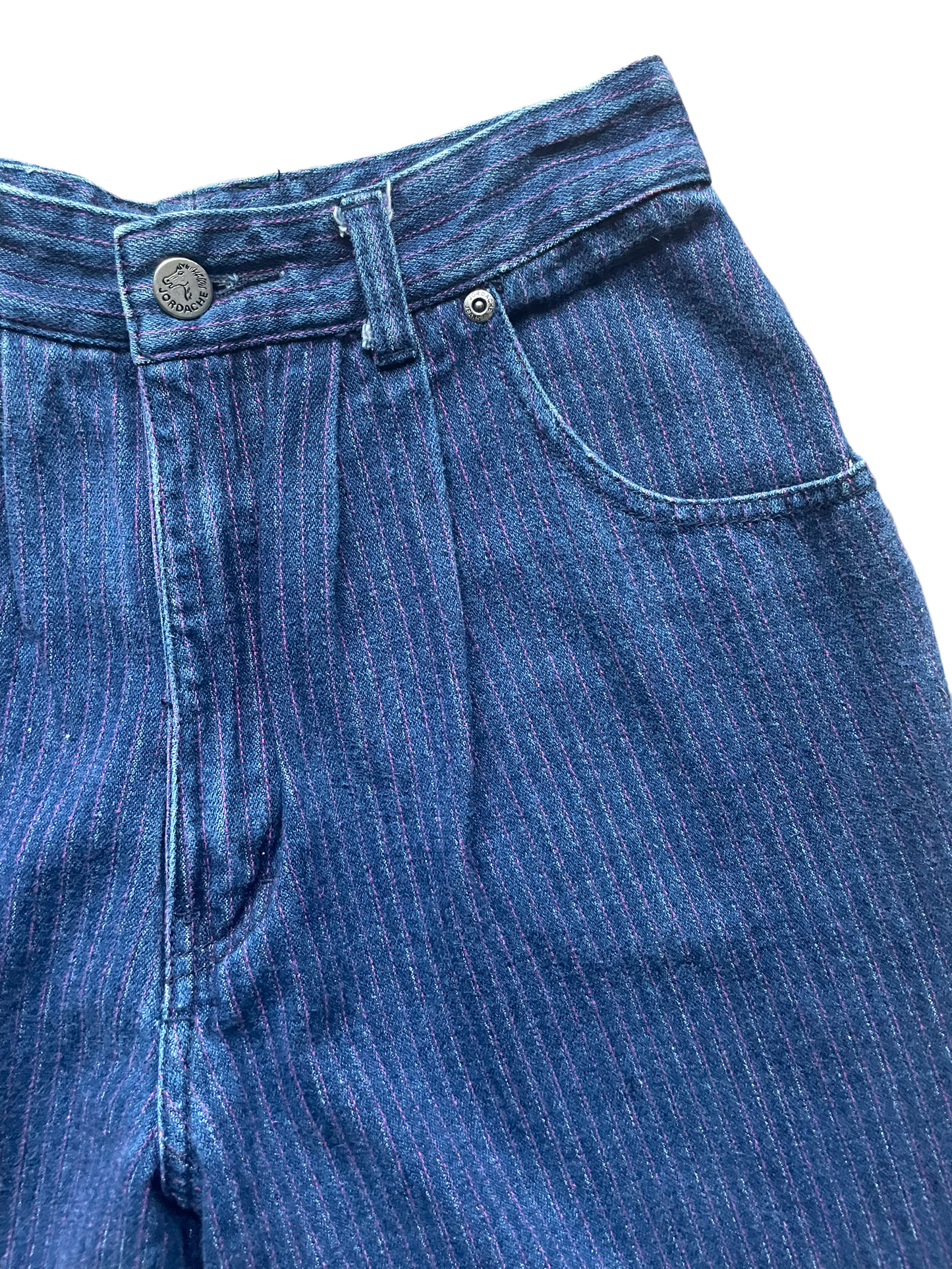 Left front waist view of Vintage 1980s Ladies Purple Pinstripe Jordache Jeans | Barn Owl Seattle | Vintage Ladies Jeans and Denim