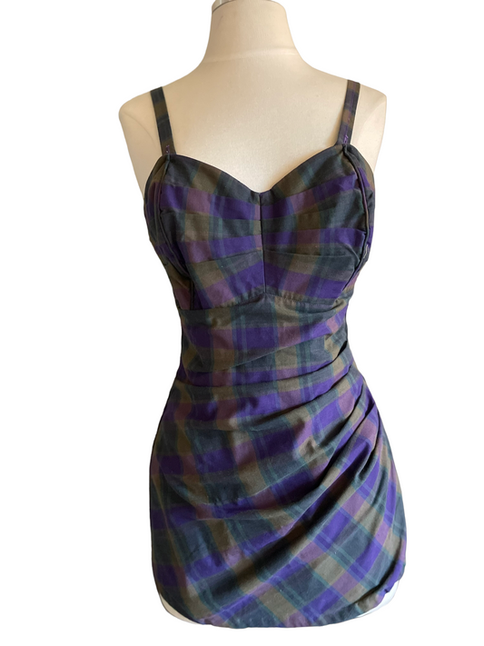 Full front view Vintage 1950s Plaid cotton Swimsuit SZ L | Barn Owl Vintage | Seattle Vintage Swimwear