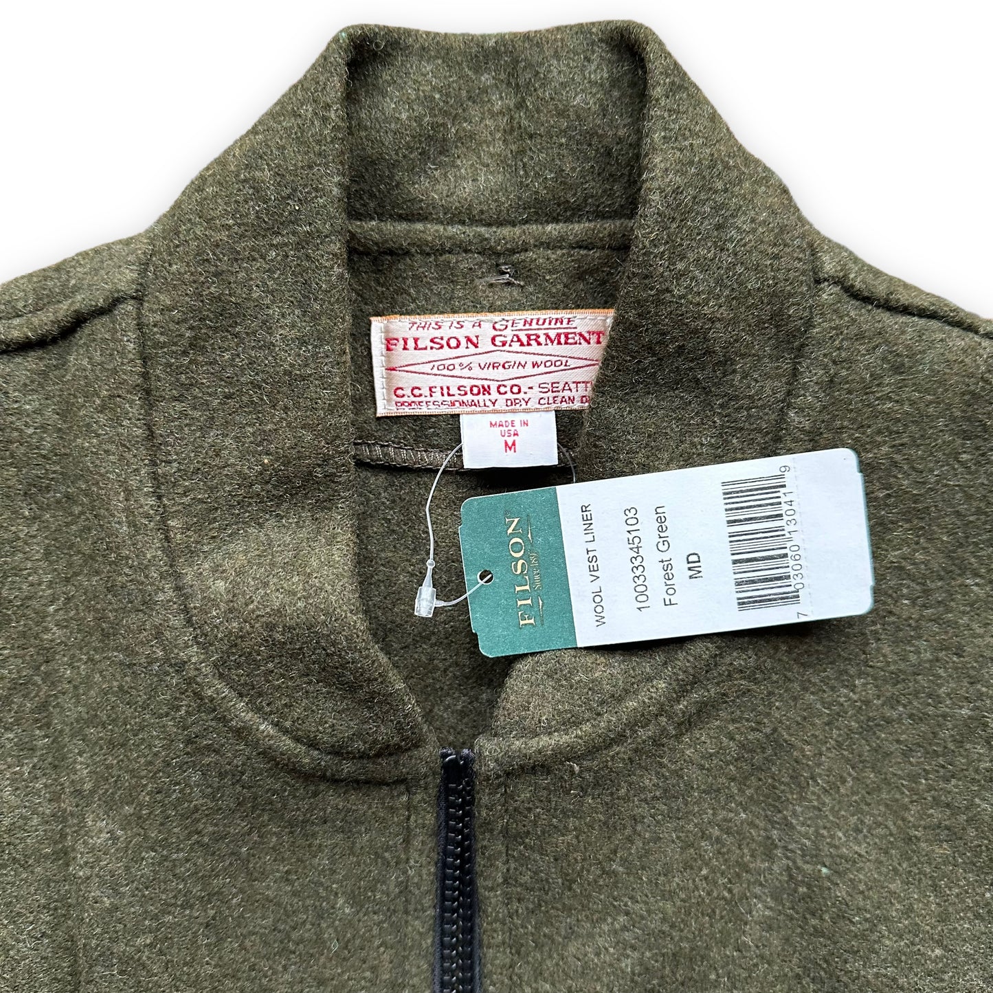 Tag View of New Old Stock Filson Forest Green Mackinaw Wool Liner SZ M |  Barn Owl Vintage Goods | Vintage Filson Workwear Seattle