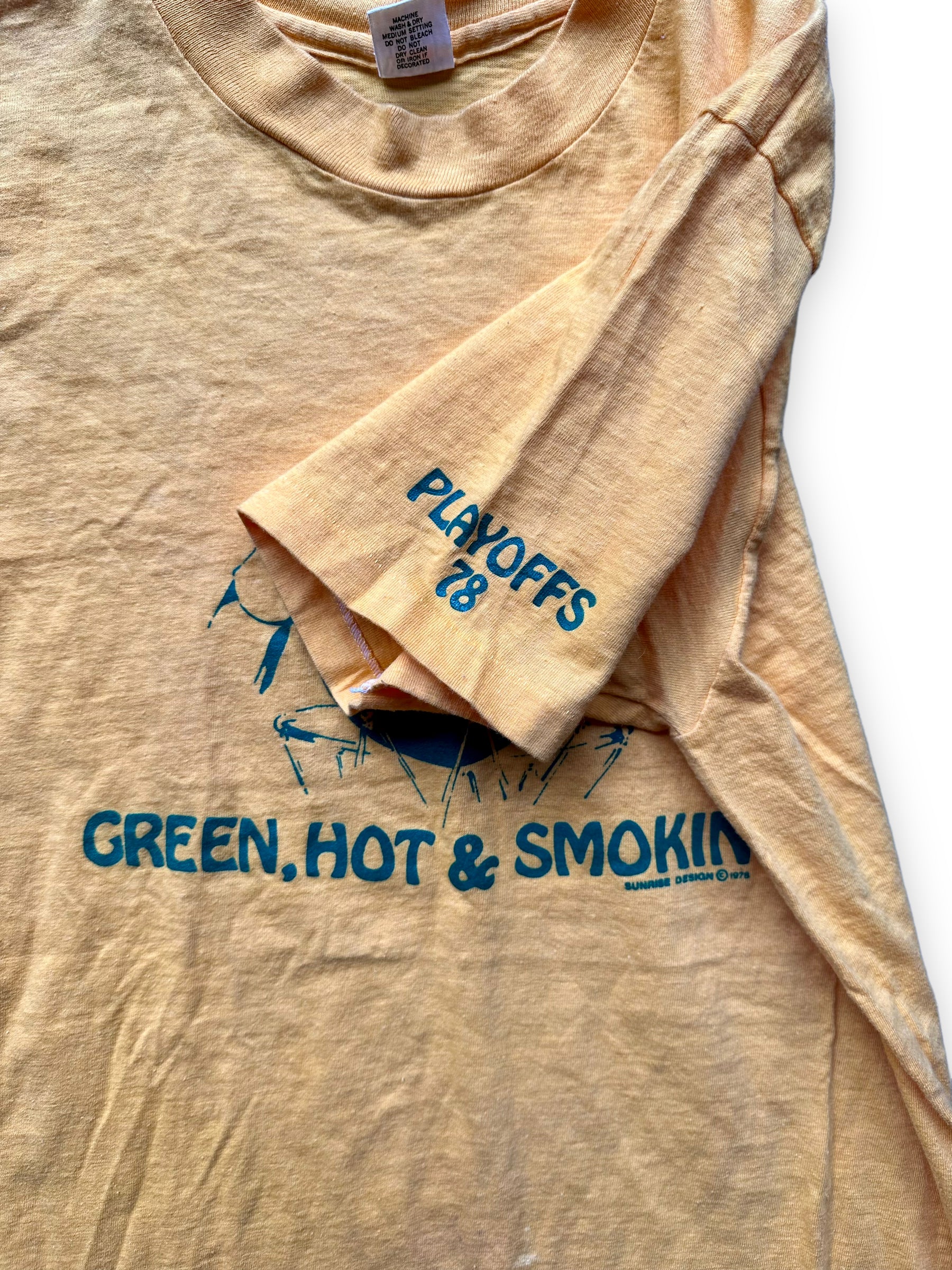 Playoffs 78 Call Out On Sleeve of Vintage 1978 Seattle Supersonics Green, Hot & Smoking Playoff Tee SZ M | Vintage Seattle SuperSonics Tees | Barn Owl Vintage