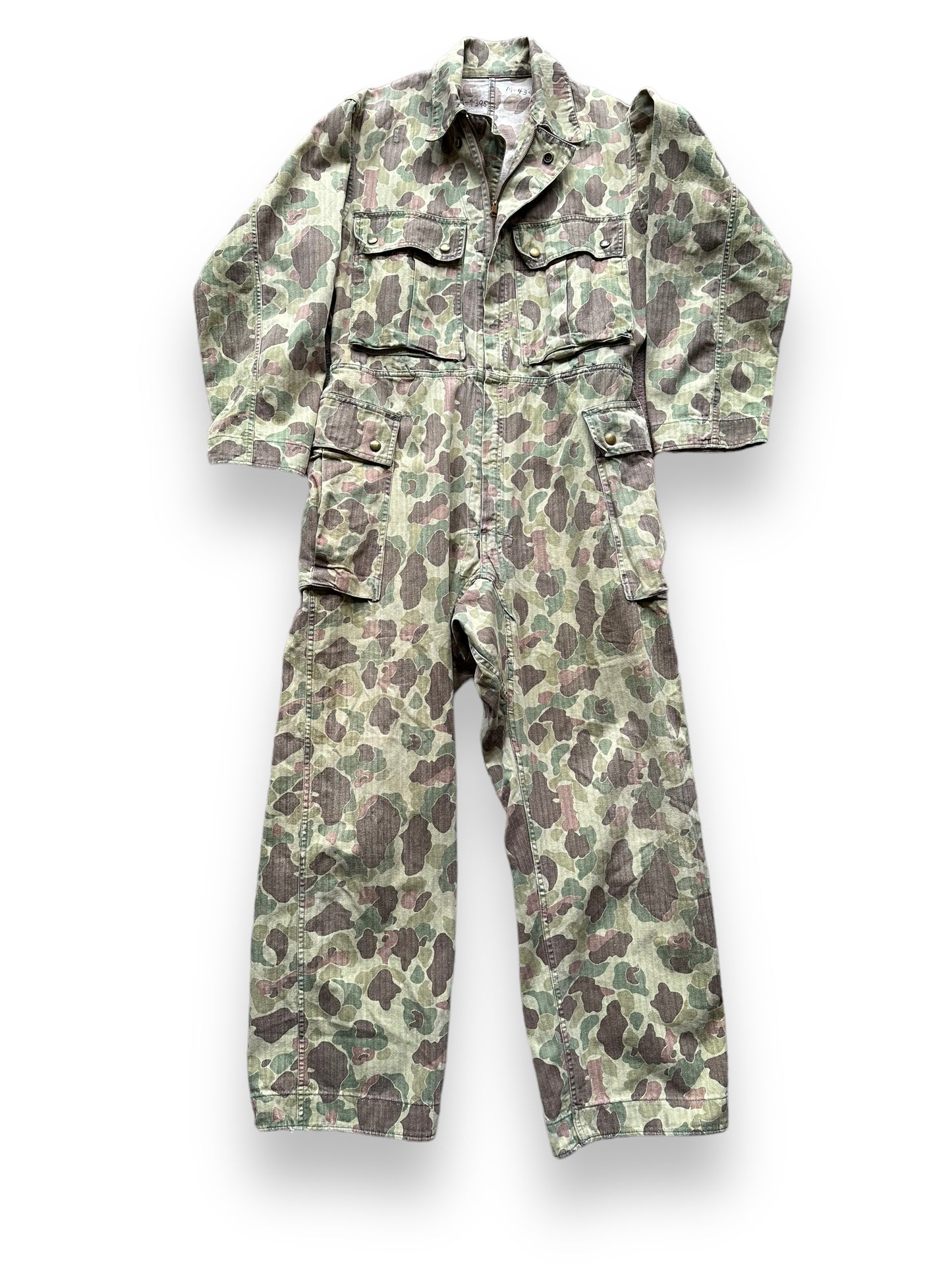 Front View of Vintage M-4395 HBT Frogskin Camo Coveralls SZ M | Vintage Frog Skin Camo Pants Seattle | Barn Owl Vintage Workwear