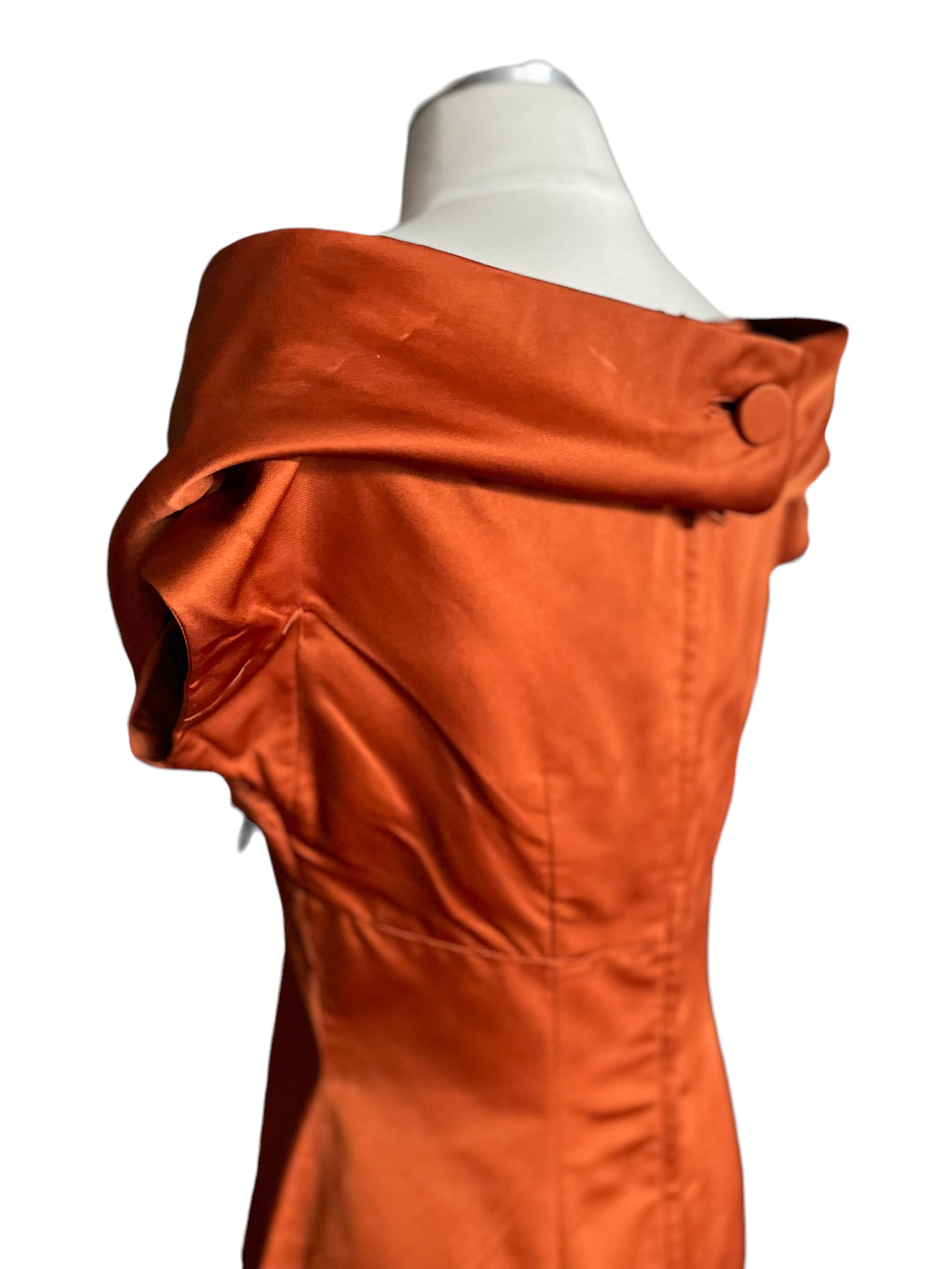 Left side collar view of Vintage 1950s Burnt Orange Silk Dress SZ M