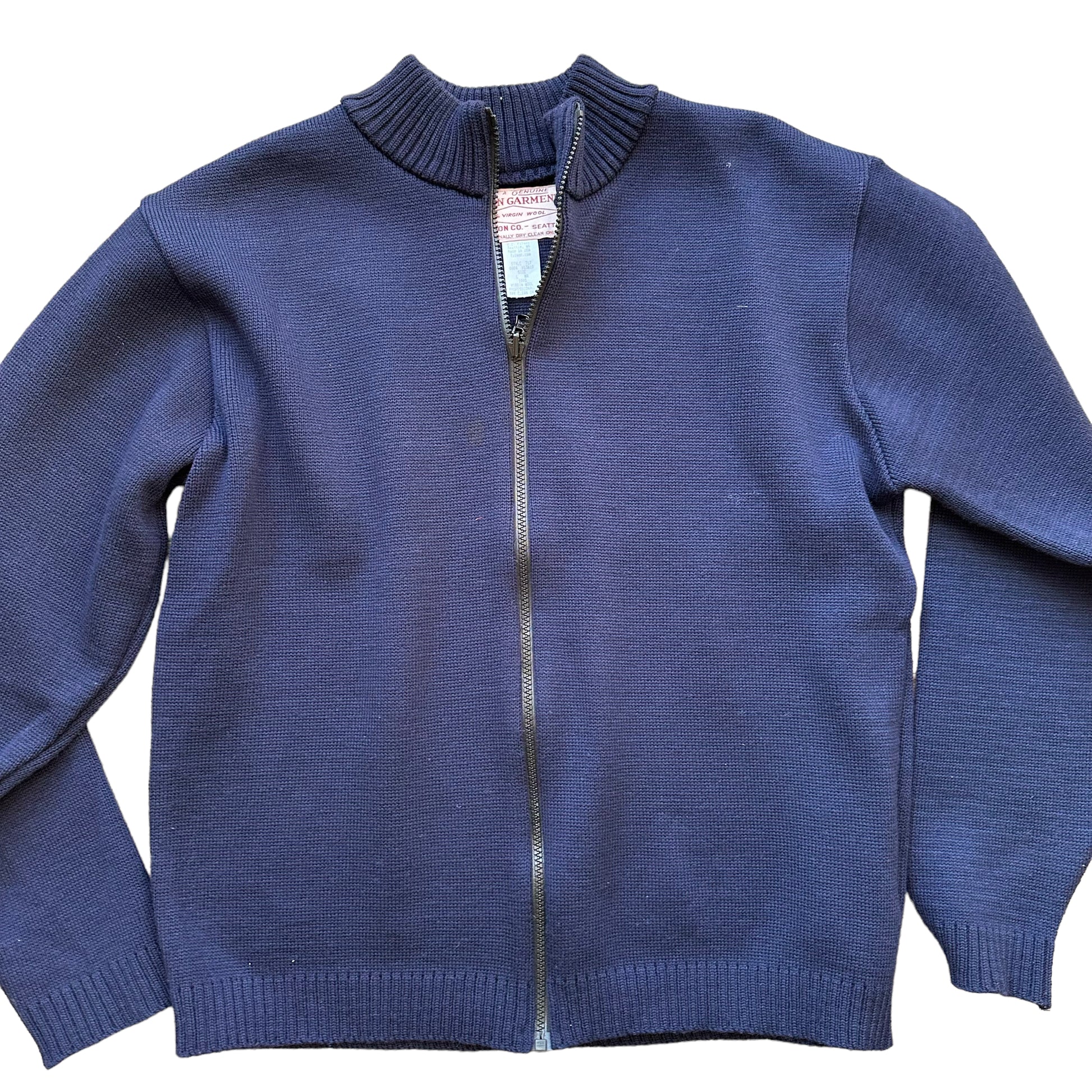 Front Detail on Filson Style 717 Navy Blue Zip Up Cardigan SZ L |  Barn Owl Vintage Goods | Vintage Workwear Seattle