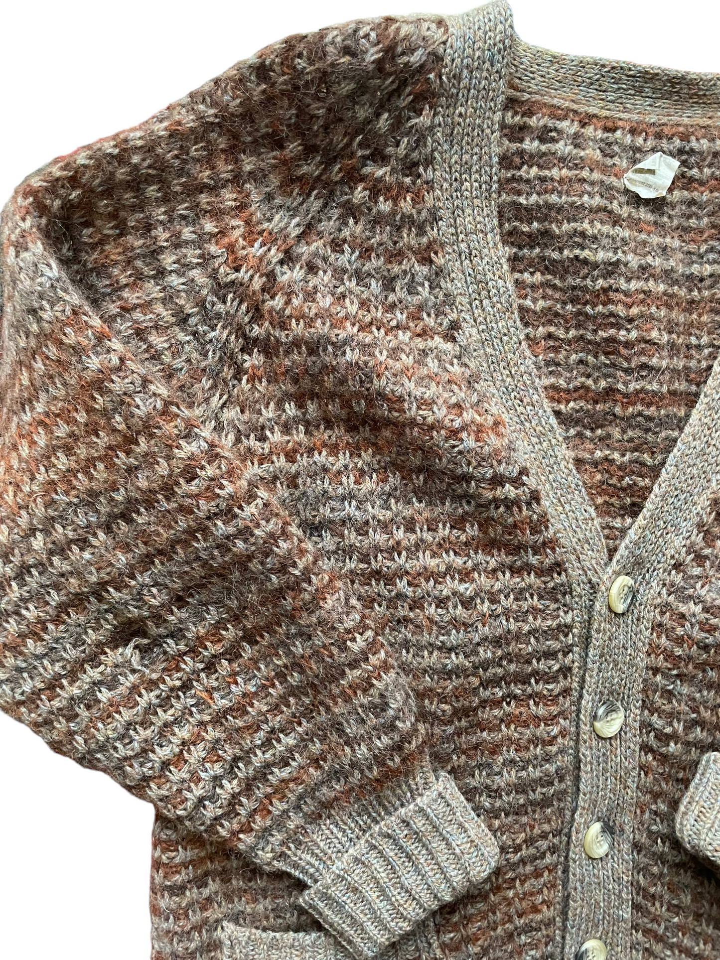 Vintage 1960s Shetland Wool Grampa Cardigan |  Barn Owl Vintage | Seattle Vintage Sweaters Front right side. One hole visible on right sleeve.