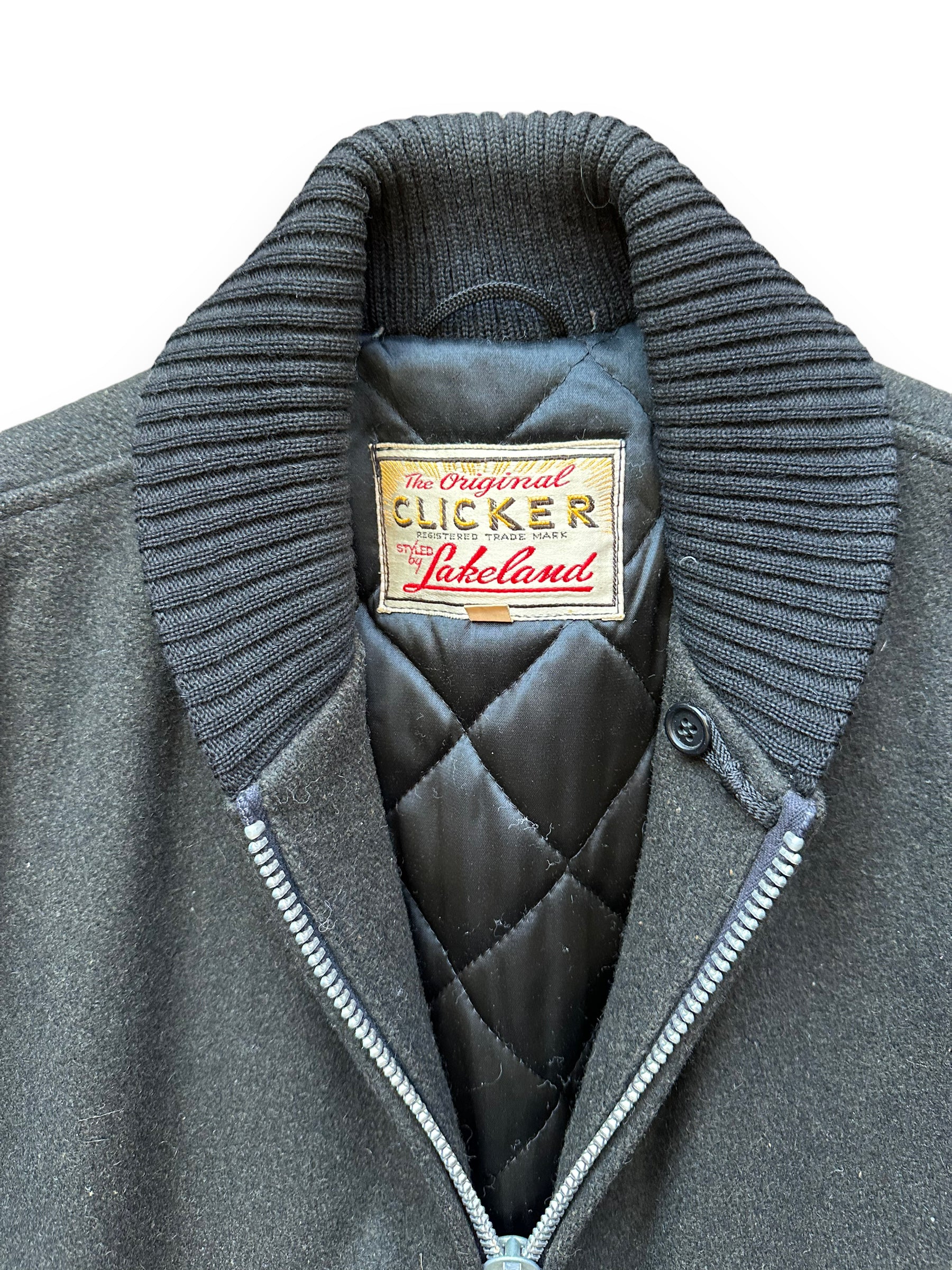 Collar View of Vintage Lakeland Wool Clicker Jacket SZ 42L |  Barn Owl Vintage Goods | Vintage Clicker Coat Seattle
