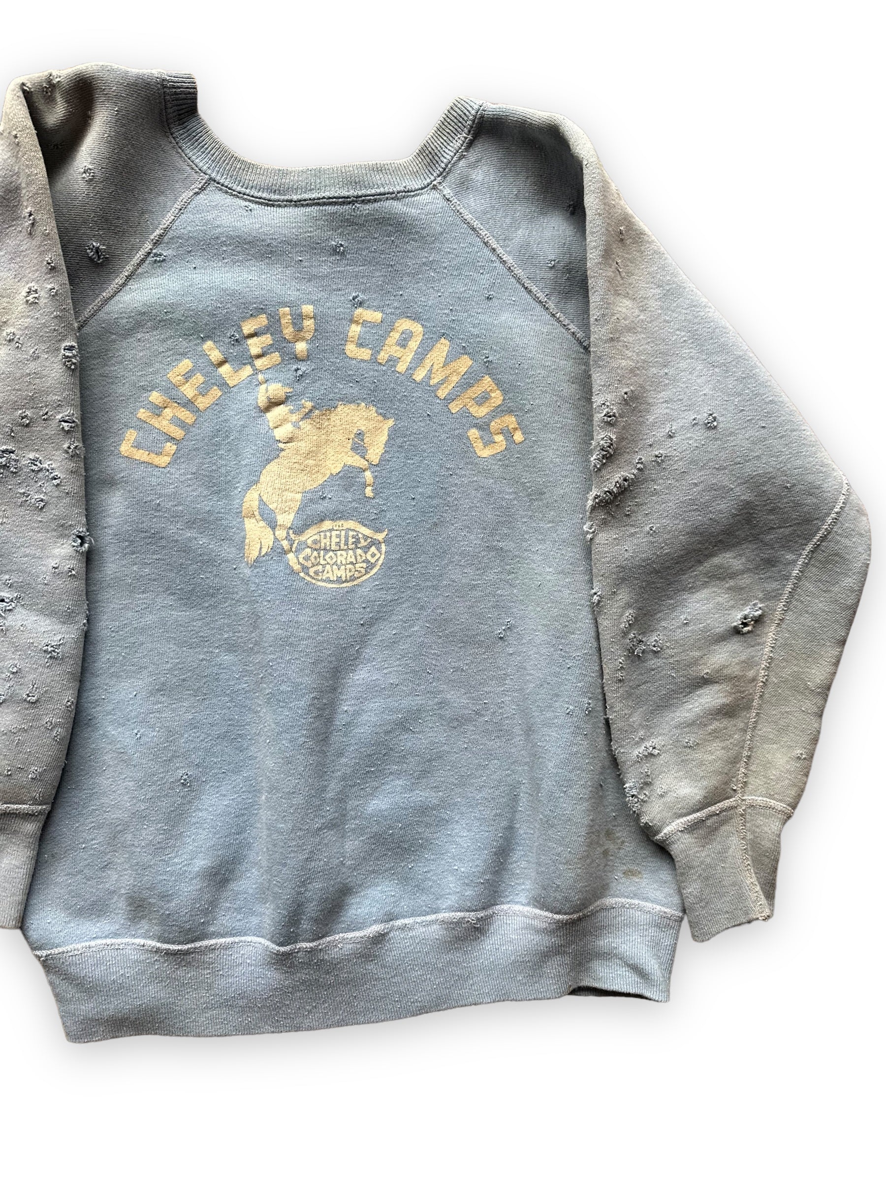 Left Front View on Vintage Distressed Cheley Camps Colorado Crewneck Sweatshirt | Vintage Crewneck Seattle | Barn Owl Vintage Clothing