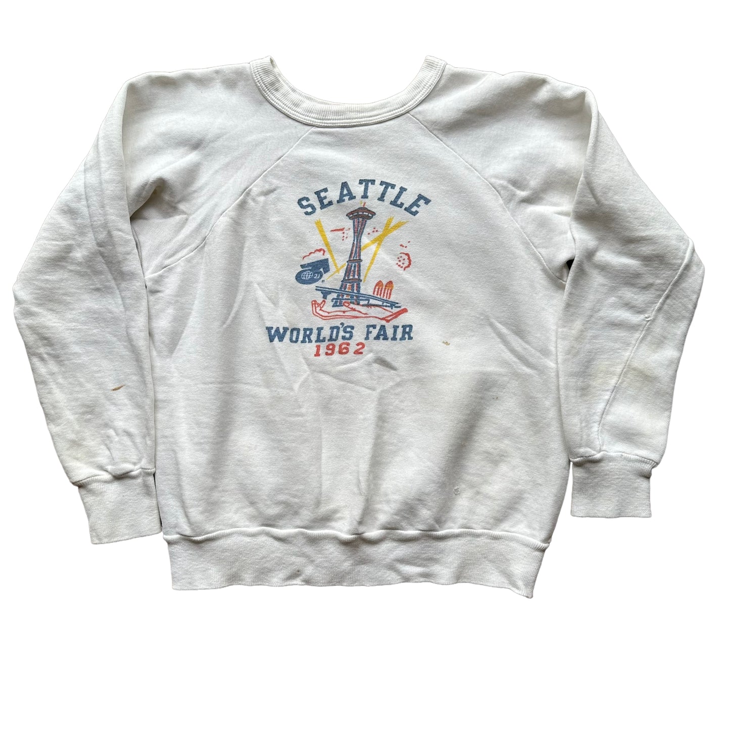 Front View of Vintage Seattle World's Fair 1962 White Crewneck SZ S |  Vintage Sweatshirts Seattle |  Barn Owl Vintage