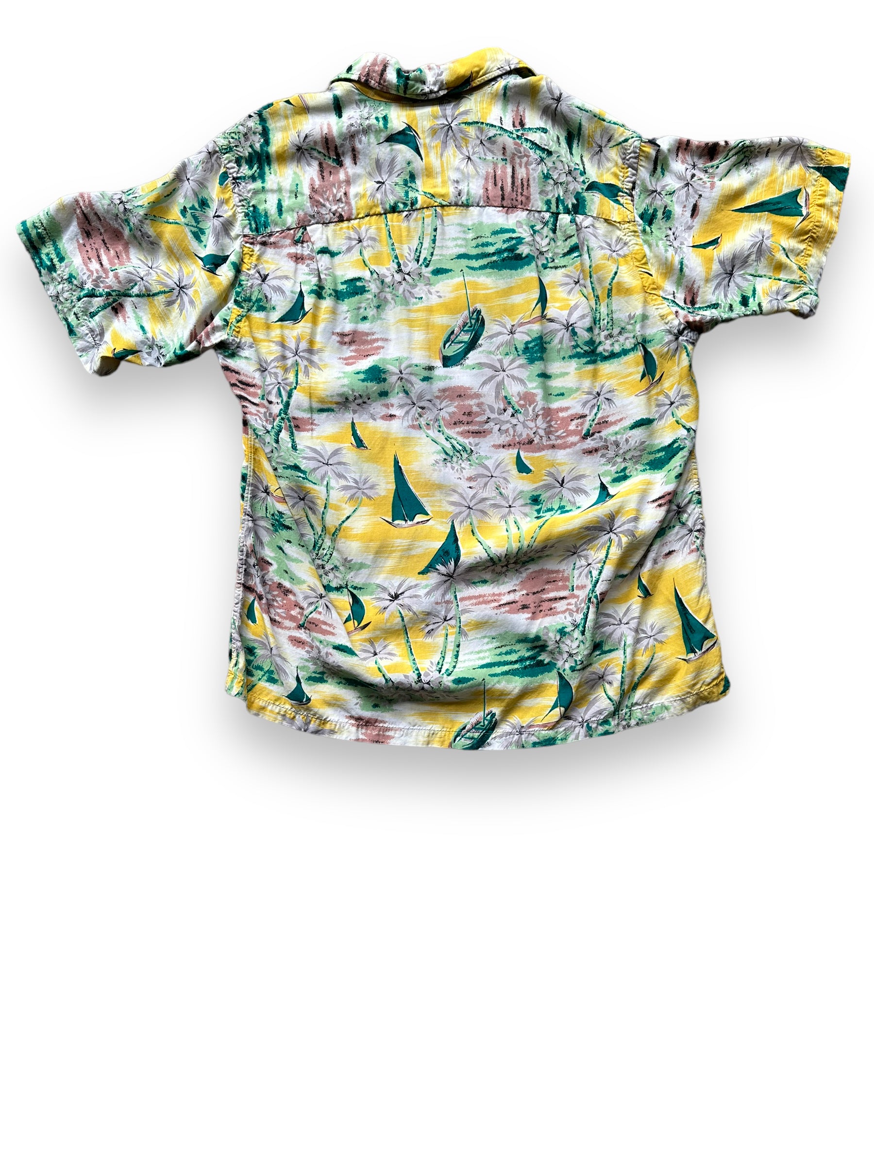 Rear View of Vintage Yellow Aloha Rayon Shirt SZ S | Seattle Vintage Rayon Hawaiian Shirt | Barn Owl Vintage Clothing Seattle