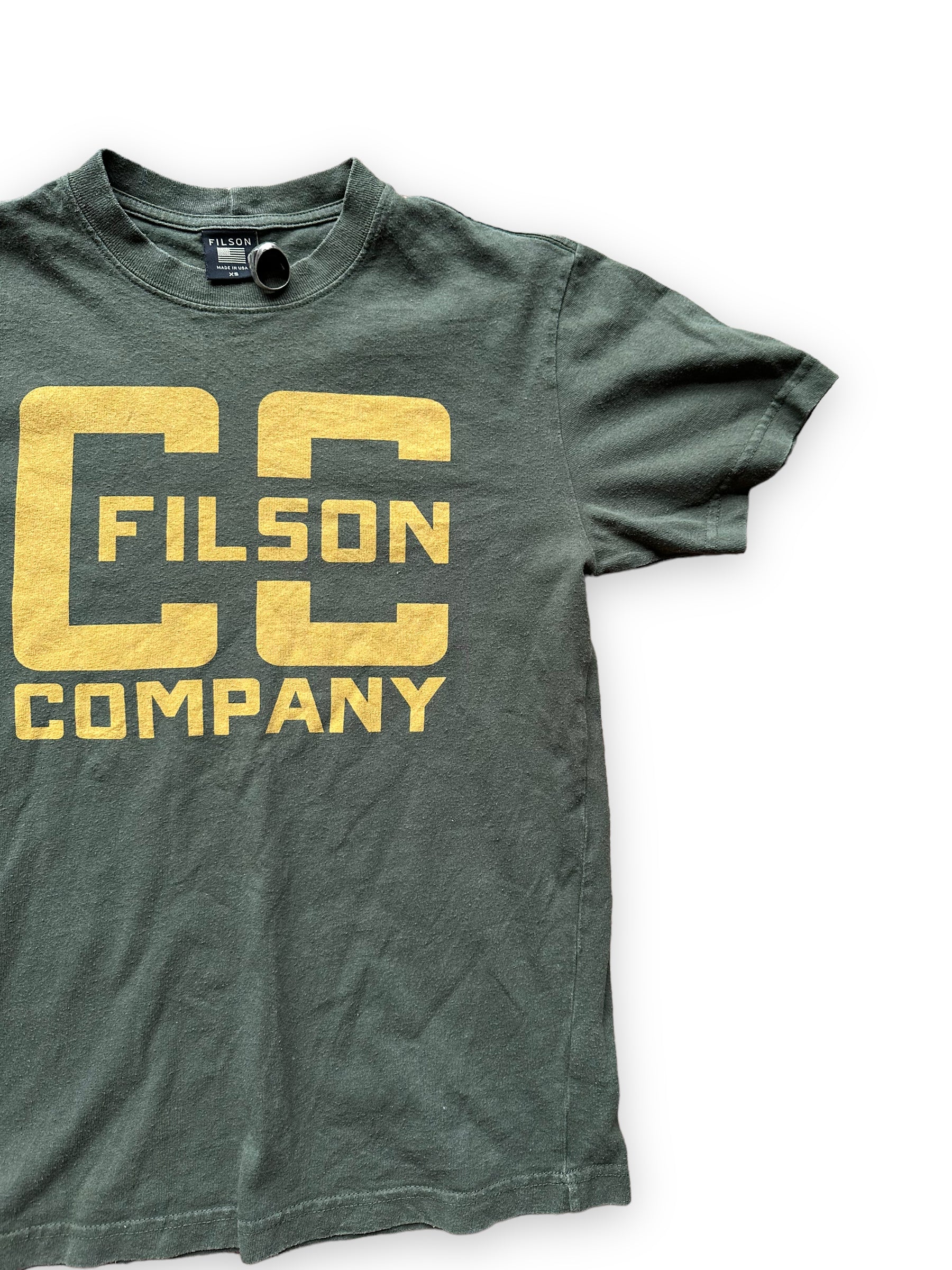 Front Left View of Olive Green Filson Cotton Tee SZ XS  |  Barn Owl Vintage Goods | Filson Graphic Tees Seattle