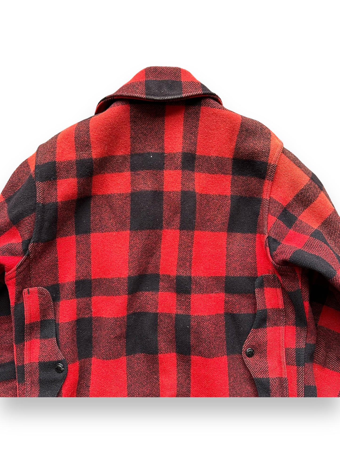 Upper Rear View of Vintage Filson Red and Black Wool Cruiser Size 38 |  Barn Owl Vintage Goods | Vintage Filson Workwear Seattle