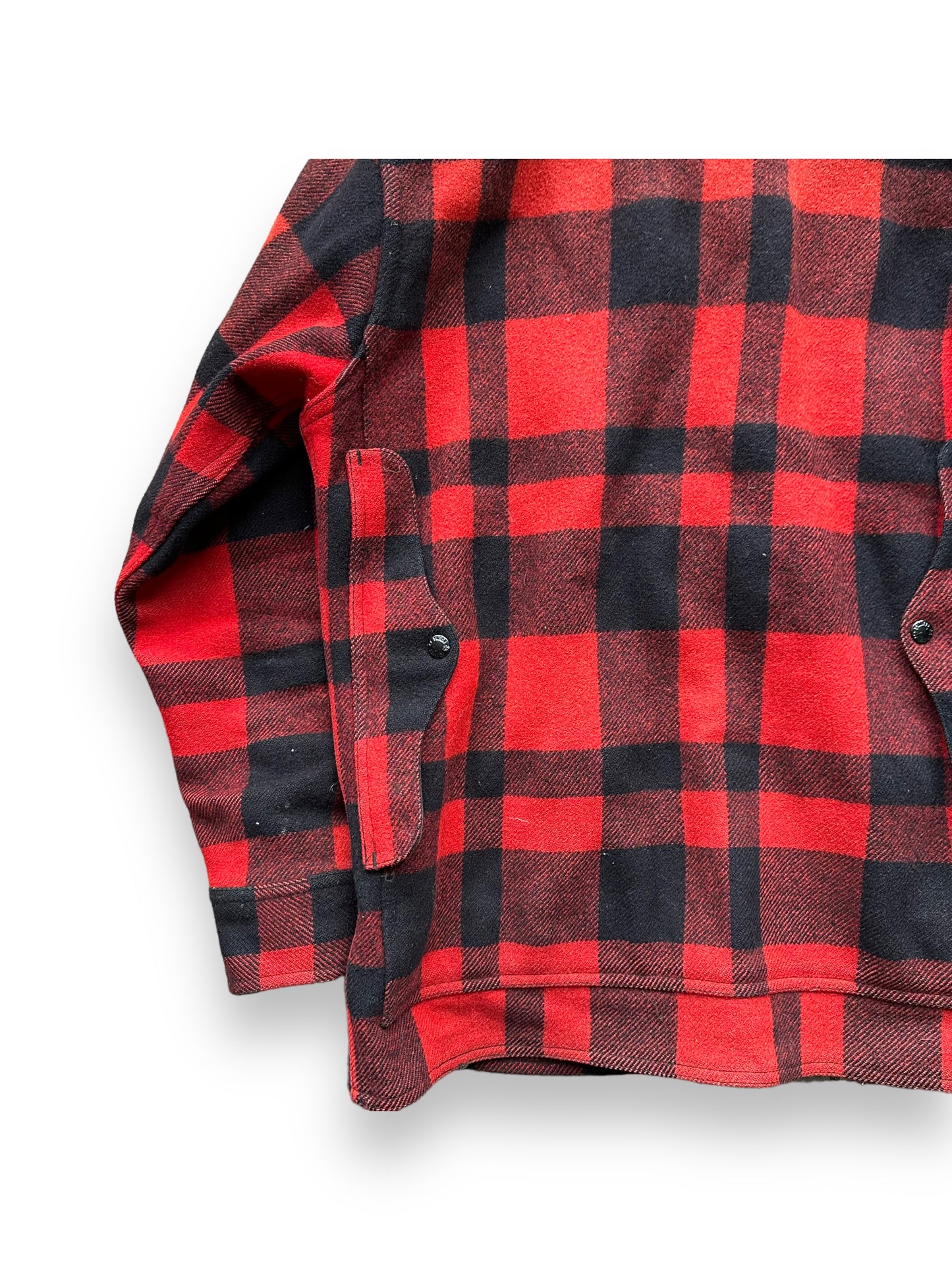 Lower Left Quadrant of Vintage Filson Red and Black Wool Cruiser Size 38 |  Barn Owl Vintage Goods | Vintage Filson Workwear Seattle