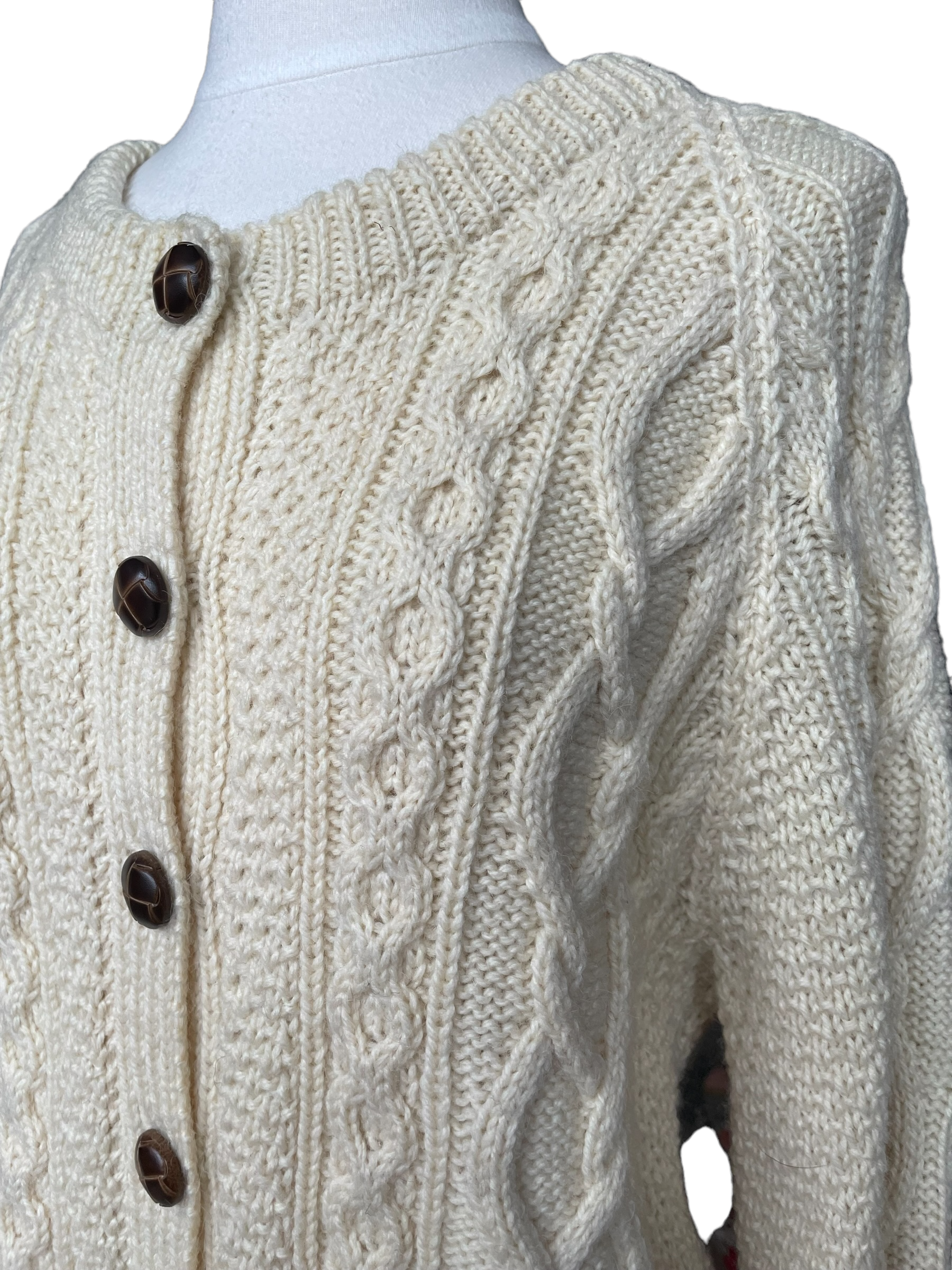 Vintage 1980s Blarney Mills Aran Cardigan | Barn Owl Vintage | Seattle Vintage Sweaters Left side front shoulder view