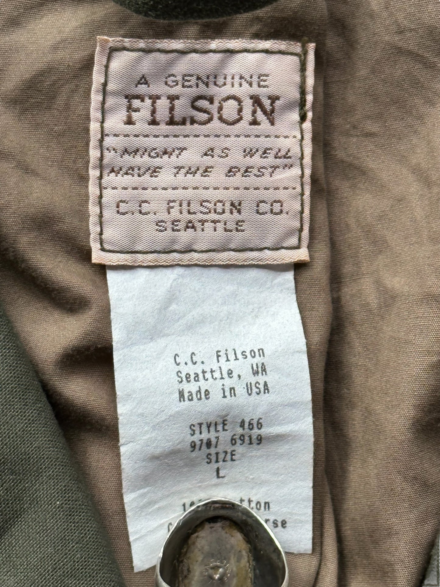 Production Tag View on NOS Vintage Filson Waterfowl Hunting Jacket SZ L |  Barn Owl Vintage Goods | Vintage Workwear Seattle