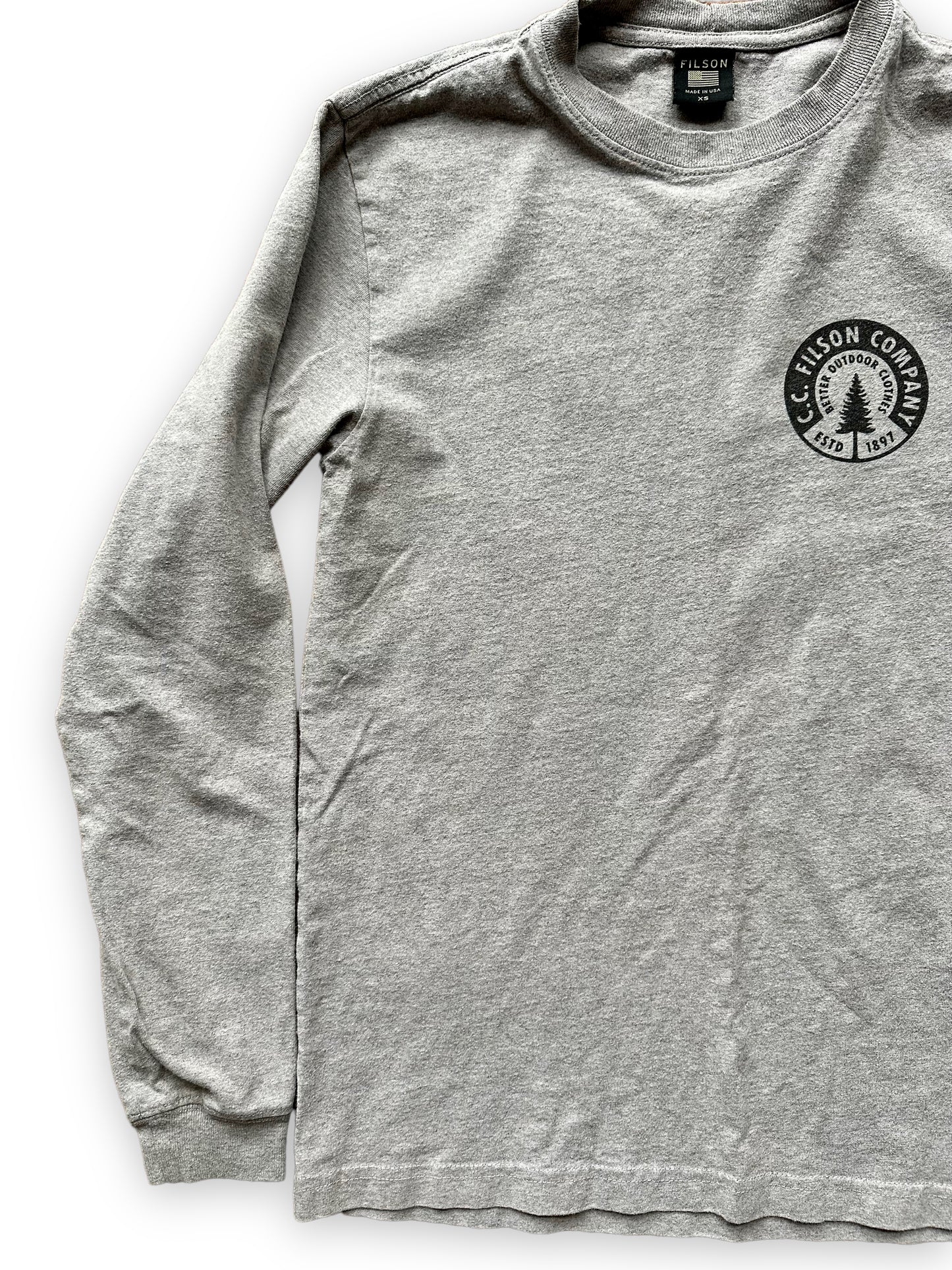 Front Right View on Filson Long Sleeve Heather Grey Tee SZ XS  |  Barn Owl Vintage Goods | Filson Graphic Tees Seattle