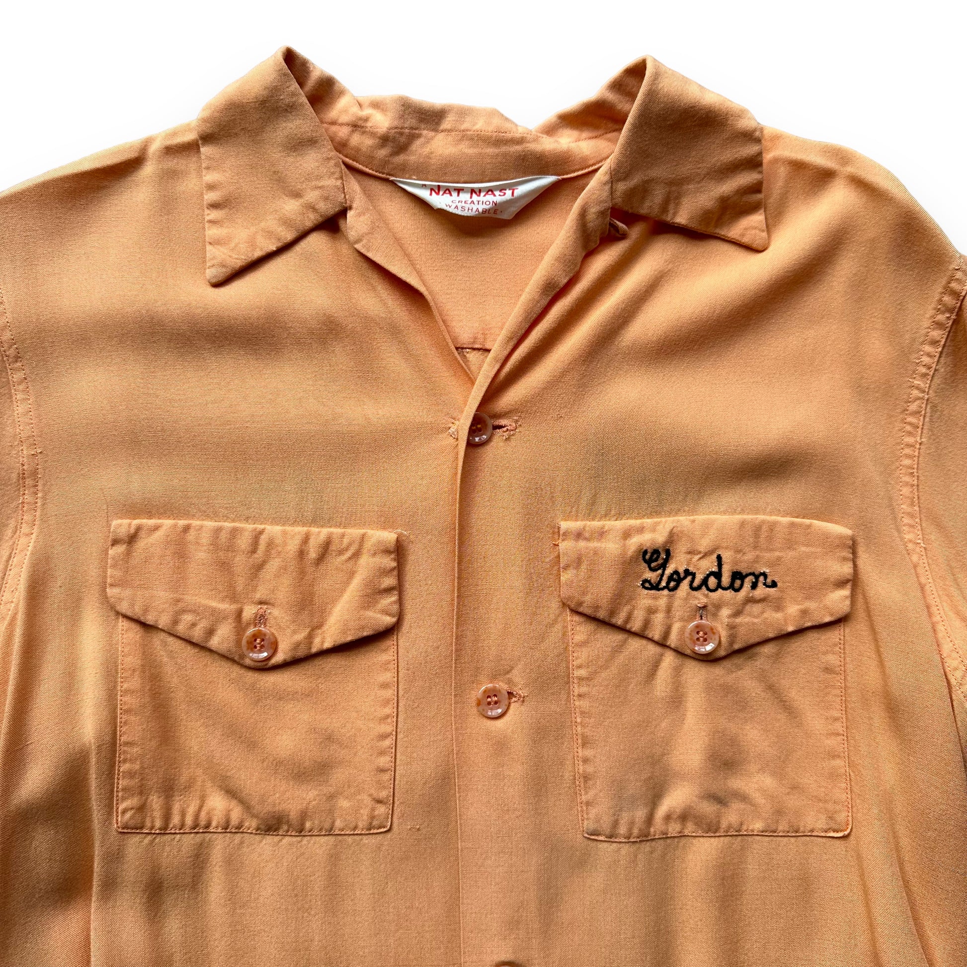 Front Chest Detail on Vintage Nat Nast Peach Colored Chainstitched Bowling Shirt SZ M | Vintage Bowling Shirt Seattle | Barn Owl Vintage Seattle