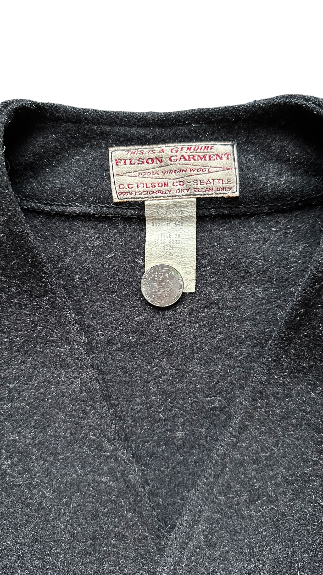 Tag View of Vintage Filson Mackinaw Vest SZ 36 |  Charcoal Grey Wool Vest | Vintage Seattle Workwear