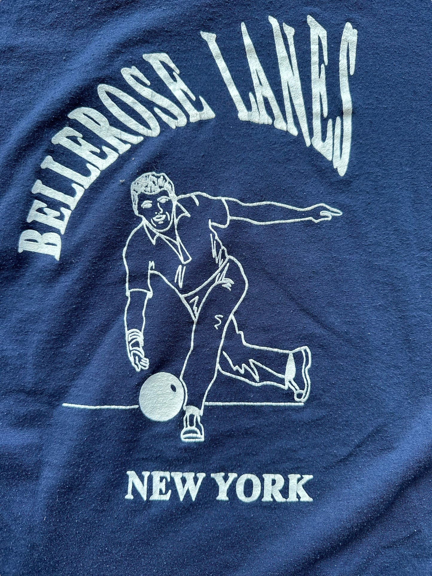 Close Up Detail of Back Graphic on Vintage Bellrose Lanes Bowling Tee SZ S | Vintage Bowling T-Shirts Seattle | Barn Owl Vintage Tees Seattle