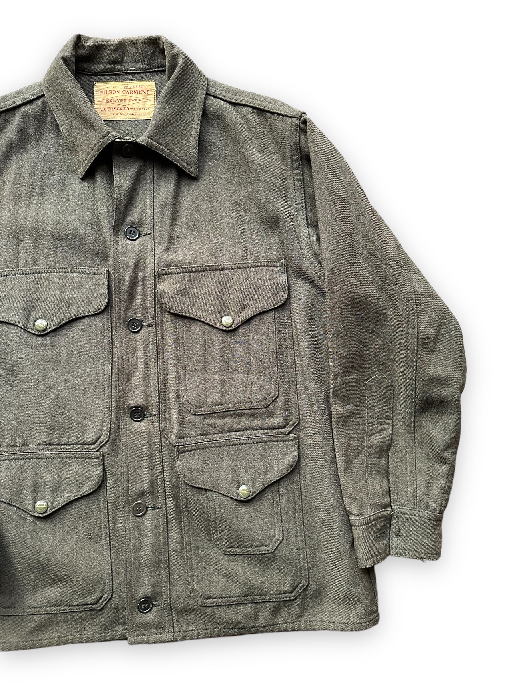 Left Front View of Vintage Union Made Era 50s Filson Forestry Cloth Cruiser SZ 44 |  Barn Owl Vintage Goods | Vintage Workwear Seattle