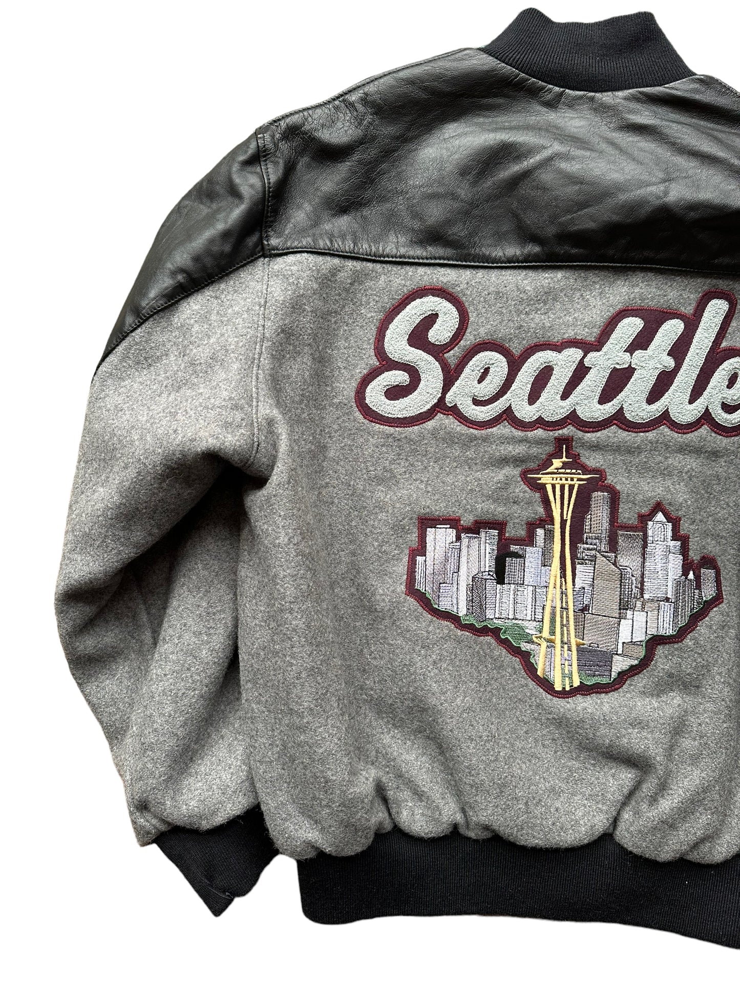 Left Rear View of Seattle Supersonics Grey, Maroon & Black Prototype Jacket SZ L | Vintage Seattle Supersonics  | Seattle Vintage Basketball