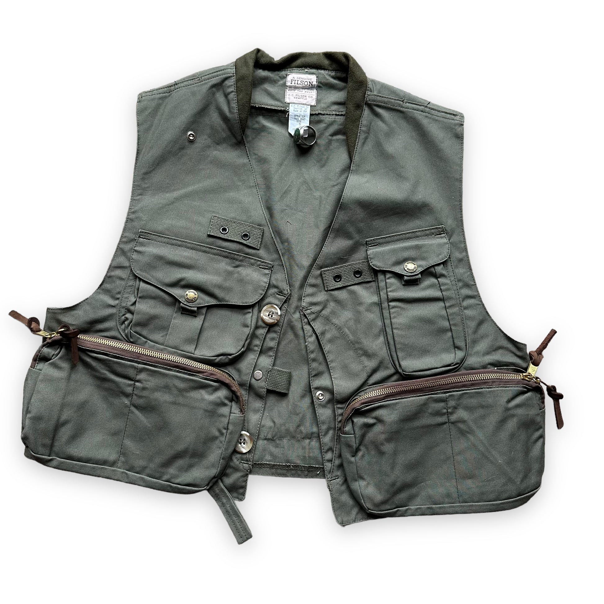 Front View of Vintage Filson Fly Fishing Vest Style 134 SZ S |  Filson Tin Cloth Vests Seattle | Barn Owl Vintage