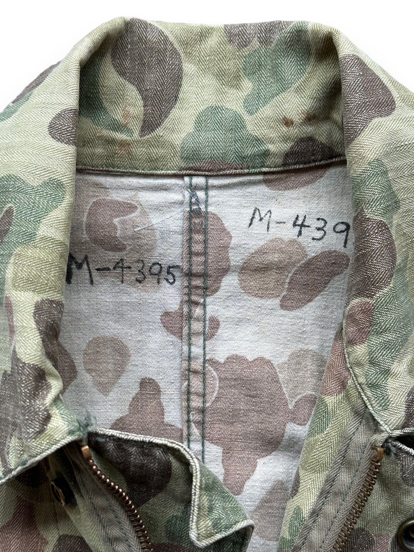 Tagging View of Vintage M-4395 HBT Frogskin Camo Coveralls SZ M | Vintage Frog Skin Camo Pants Seattle | Barn Owl Vintage Workwear