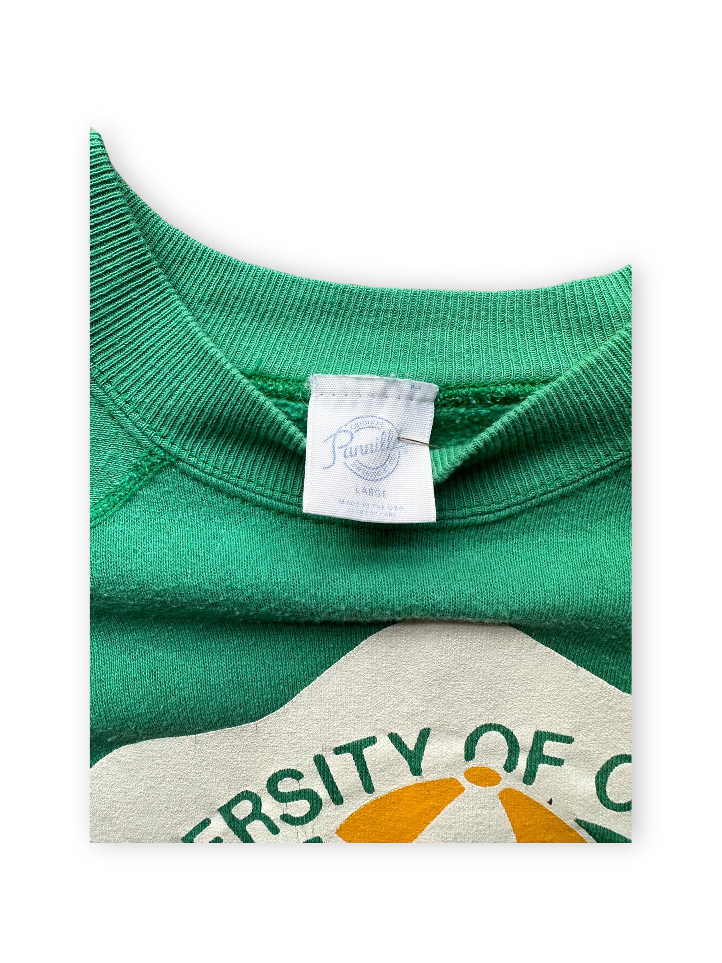 Tag View of Vintage University of Oregon Green Crewneck Sweatshirt SZ L | Seattle Vintage Crewnecks | Barn Owl Vintage Seattle