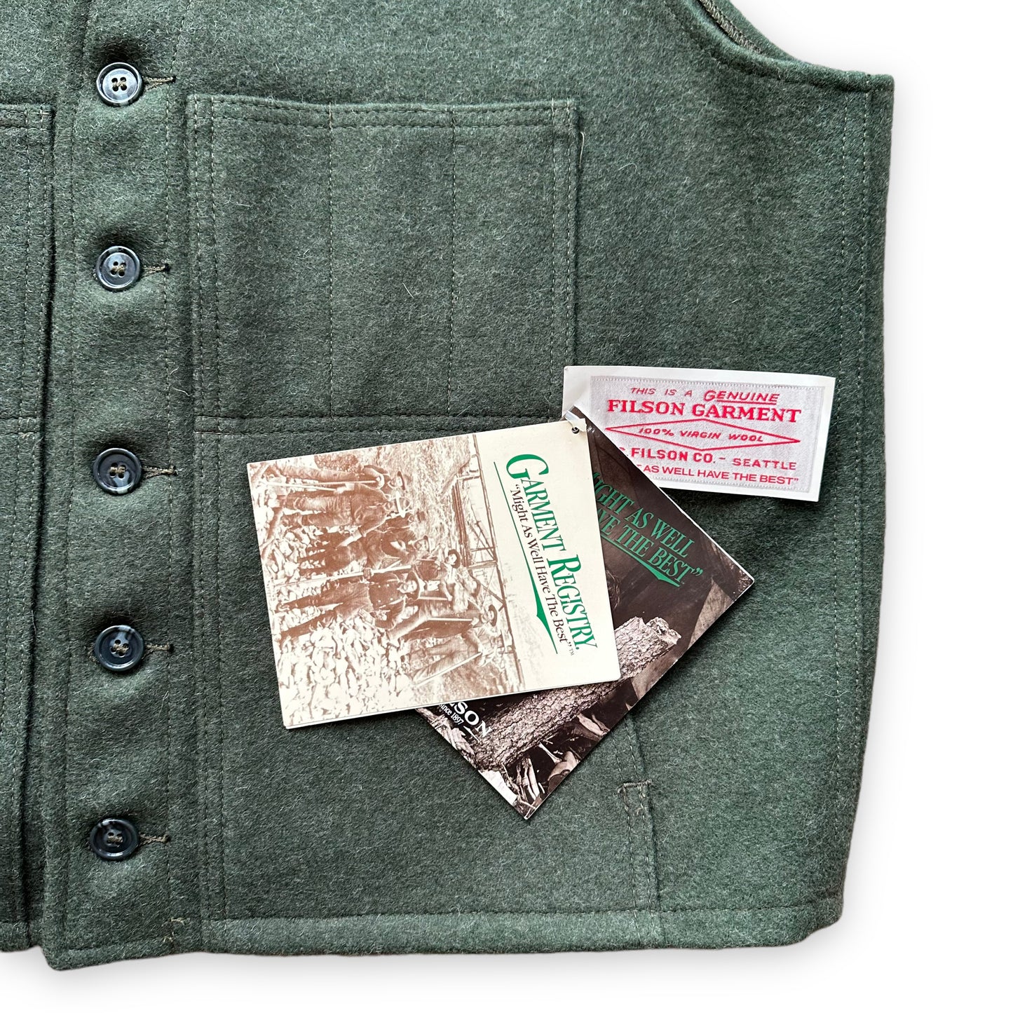 Registry Tags on Deadstock Vintage Forest Green Mackinaw Vest SZ 50 |  Barn Owl Vintage Goods | Vintage Workwear Seattle