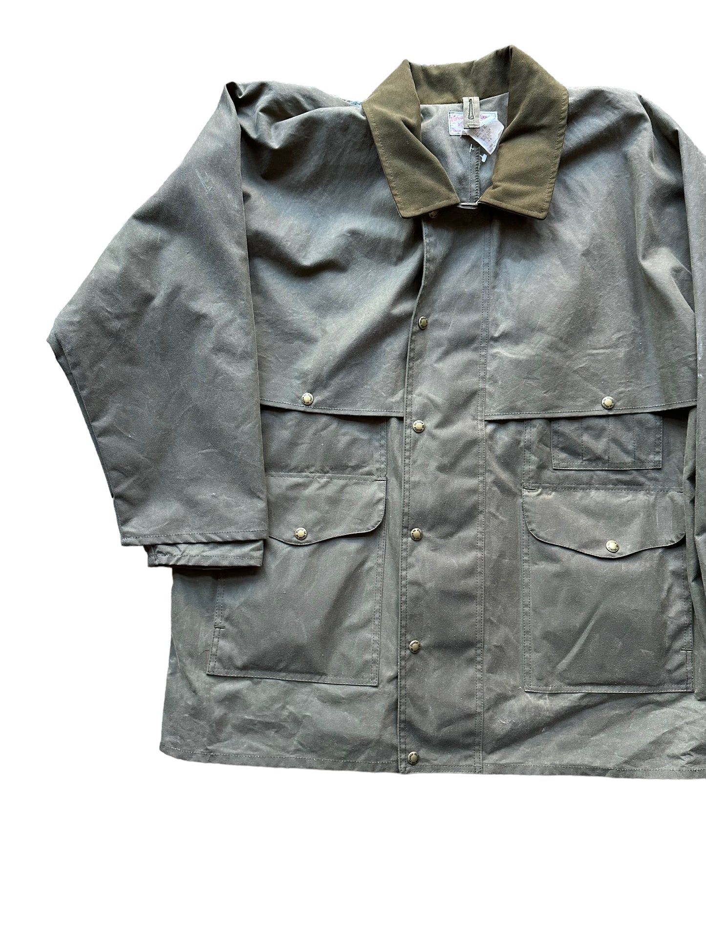 Front Right View of NWT Vintage Filson Shelter Cloth Packer Coat SZ 46 |  Barn Owl Vintage Goods Filson | Vintage Filson Tin Cloth Workwear Seattle