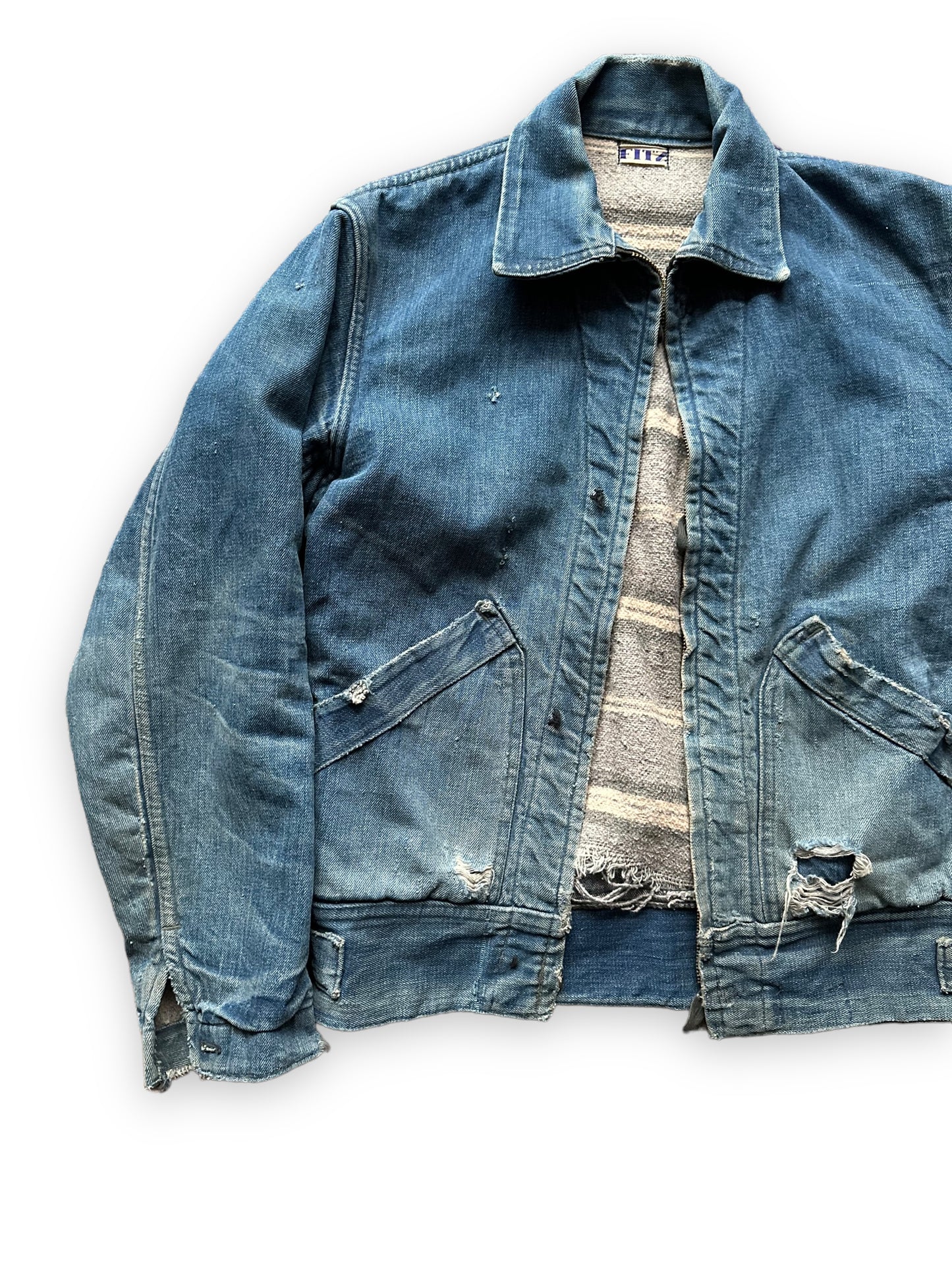 Front Right View of Vintage Blanket Lined Fitz Denim Jacket | Seattle Vintage Workwear Clothing | Barn Owl Vintage