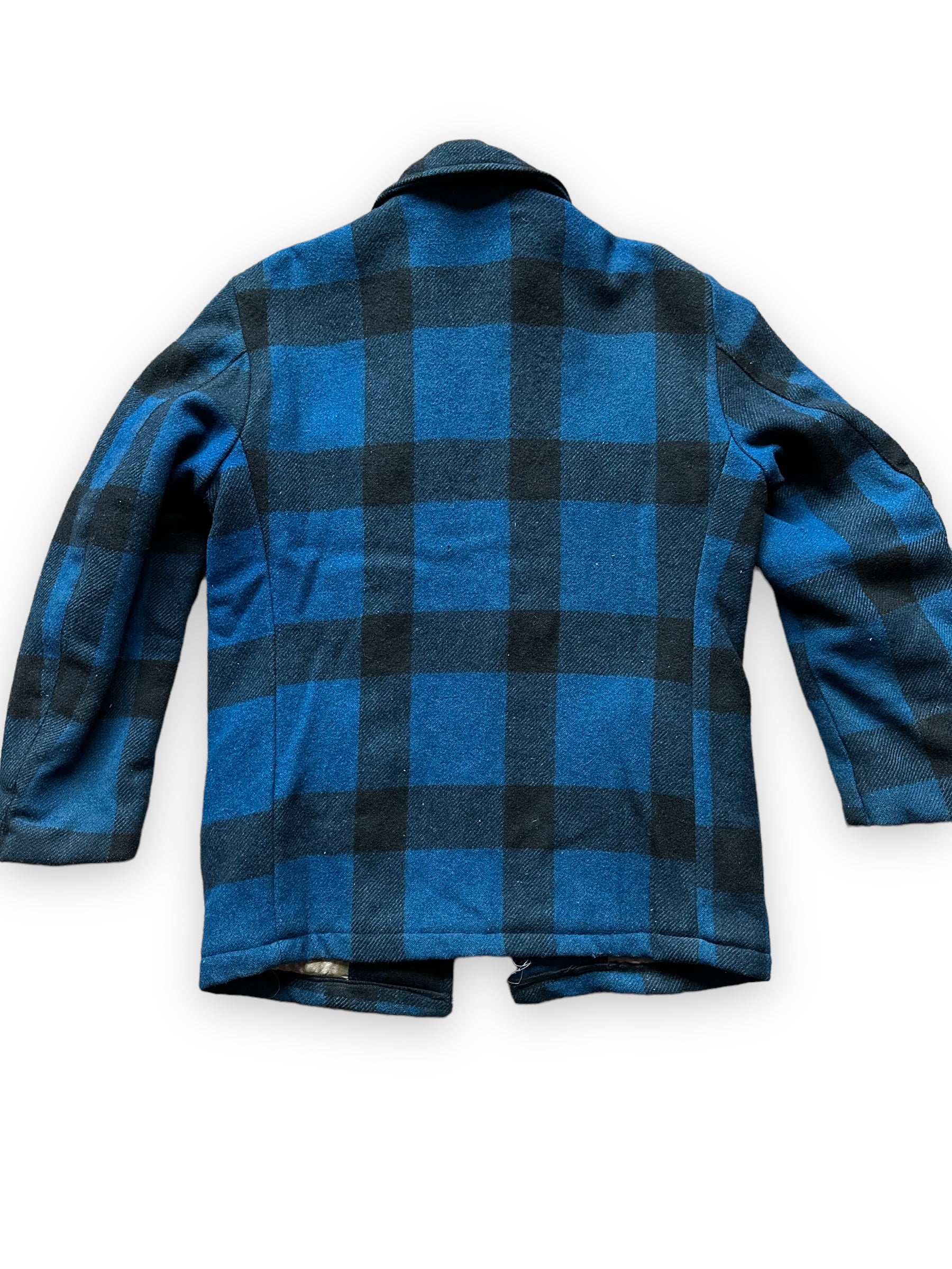 Rear View of Vintage Black Bear Cobalt Blue and Black Wool Coat SZ L  |  Vintage Workwear Seattle | Barn Owl Vintage Seattle