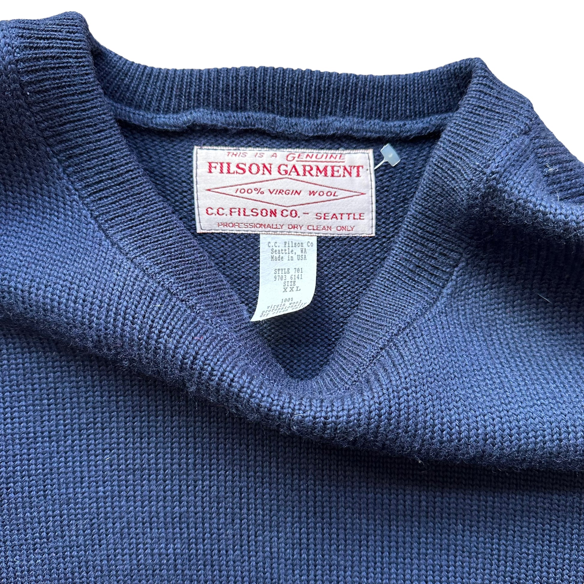 Upper Front View of Deadstock Filson Navy Guide Sweater SZ XXL |  New Old Stock Filson | Vintage Workwear Seattle