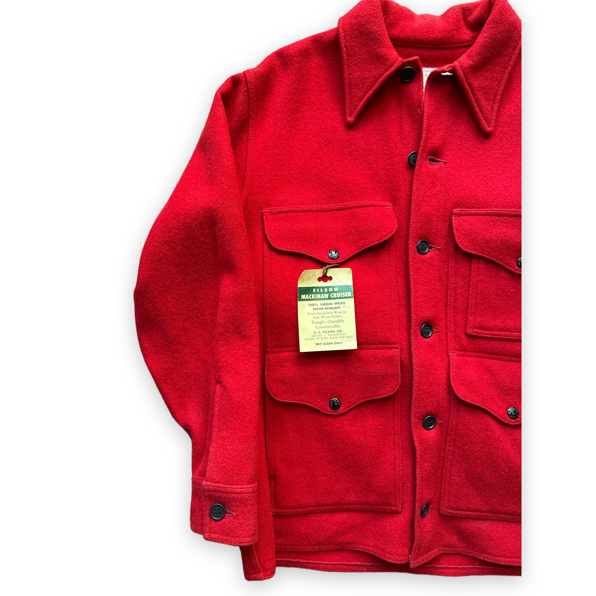 Right Front View of NOS Filson Scarlet Mackinaw Cruiser SZ 40 |  Deadstock Filson Scarlet Cruiser | Vintage Workwear Seattle