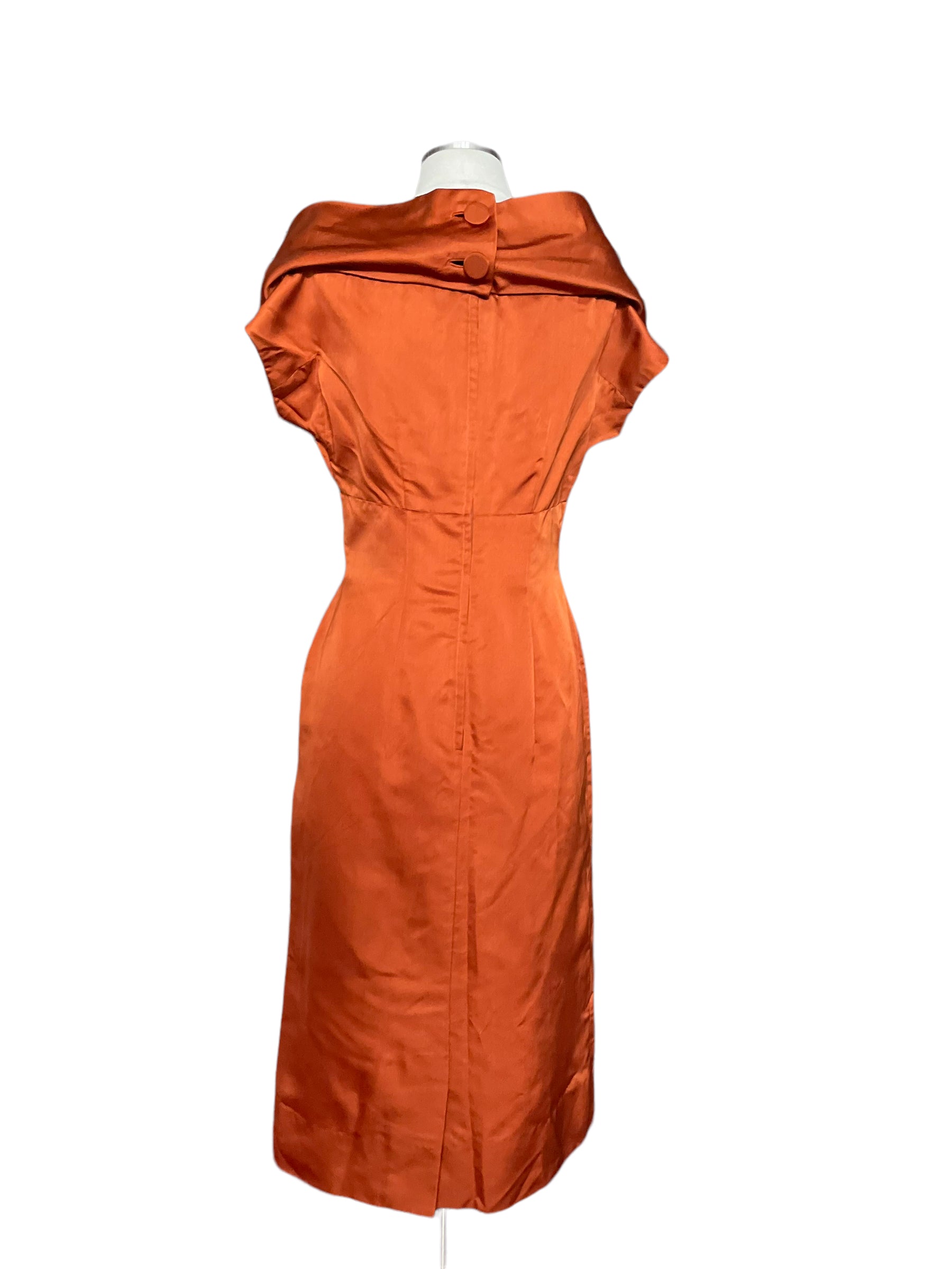 Full back view of Vintage 1950s Burnt Orange Silk Dress SZ M
