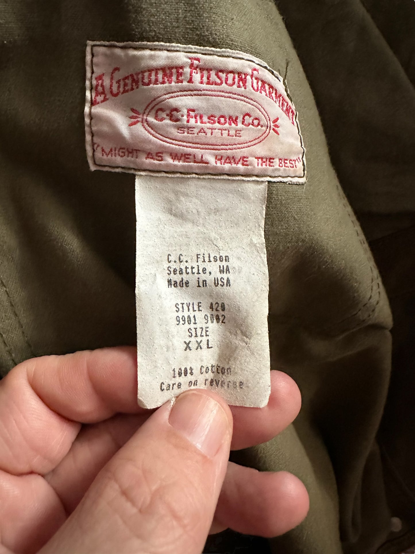 Tag View of Filson Tin Cloth Shooting Jacket Style 420 SZ XXL |  Barn Owl Vintage Goods | Vintage Workwear Seattle