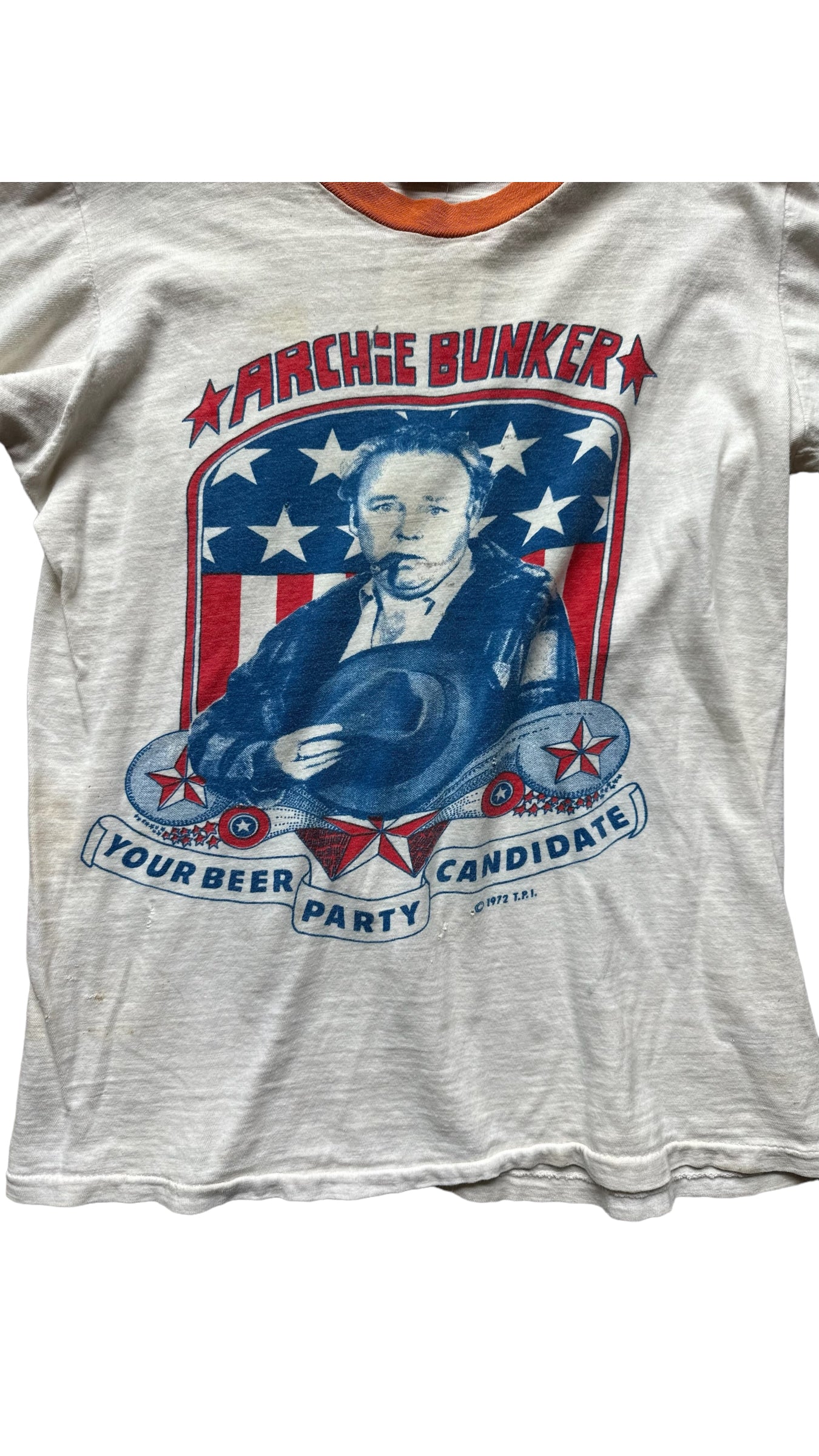 Front Graphic View of Vintage Archie Bunker Ringer Tee SZ S |  Vintage Ringer Tee Seattle | Barn Owl Vintage