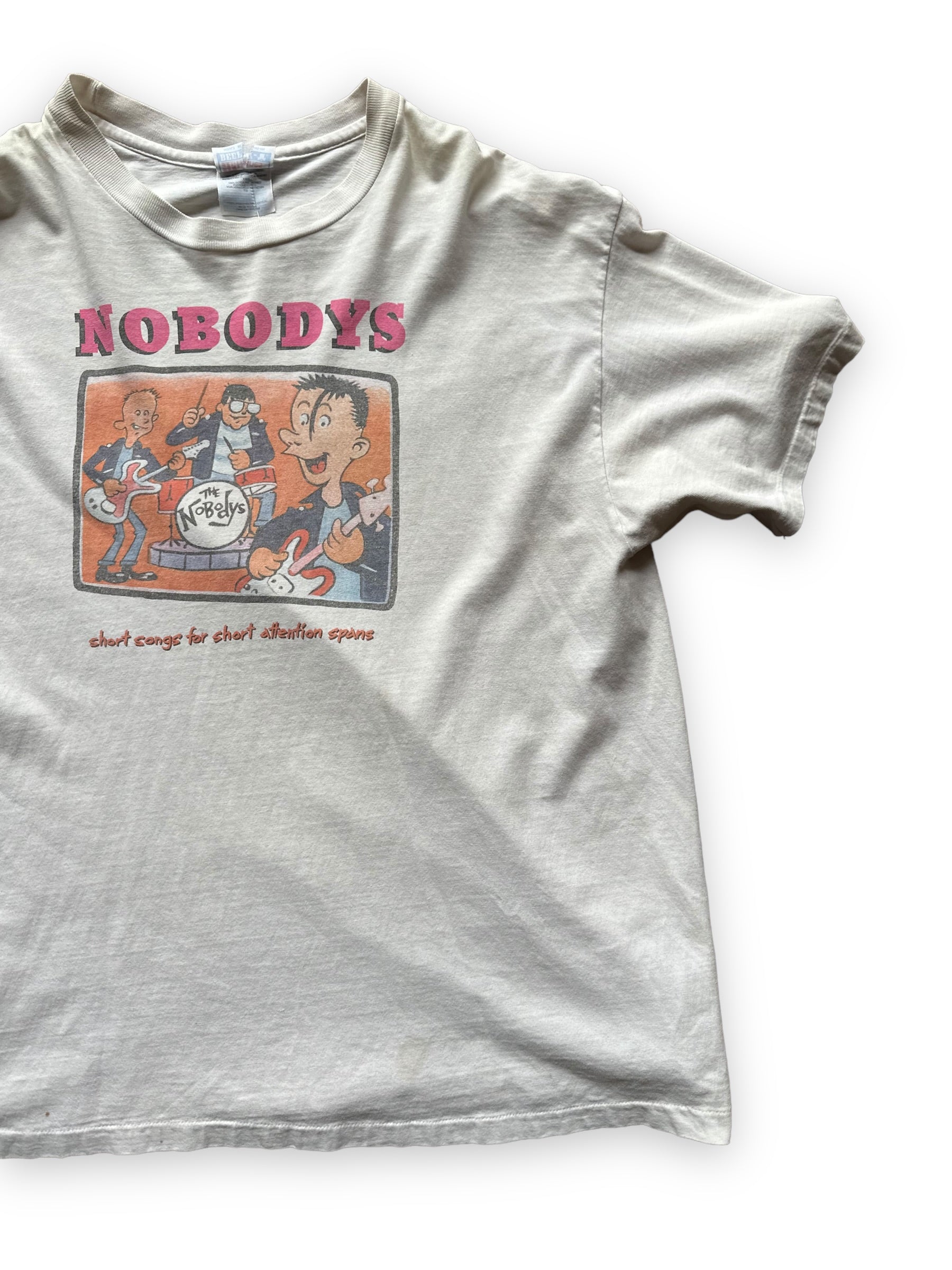 Left Side Front View of Vintage The Nobodys Short Songs For Short Attention Spans Tee SZ XL |  Hopeless Records Rock Tee | Barn Owl Vintage Seattle
