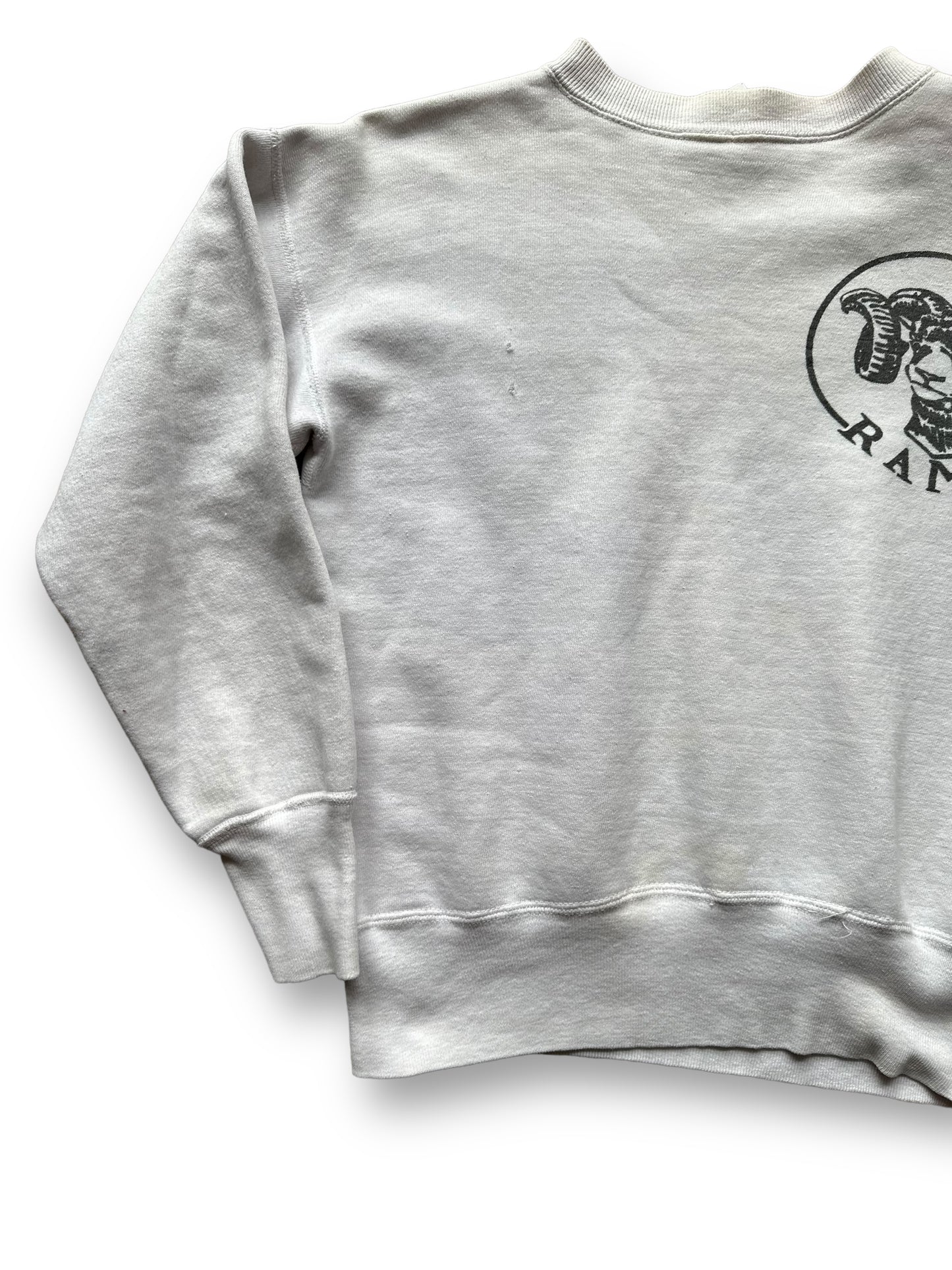 Right Front View of Vintage White Rams 1960's Era Crewneck Sweatshirt | Vintage Crewneck Seattle | Barn Owl Vintage Clothing