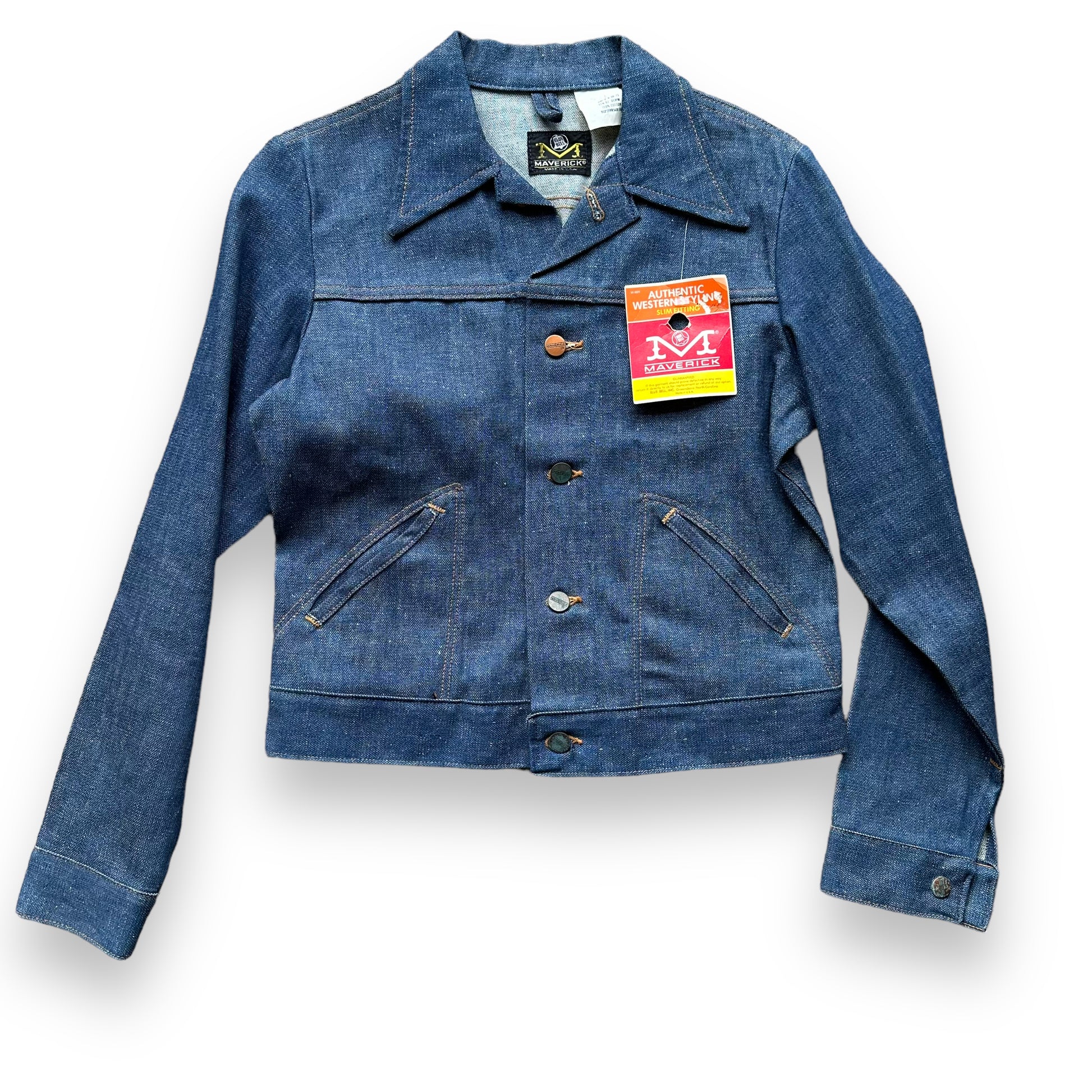 Front View of Vintage Deadstock Maverick Denim Jacket SZ 16 | Vintage Denim Workwear Seattle | Seattle Vintage Denim Jackets