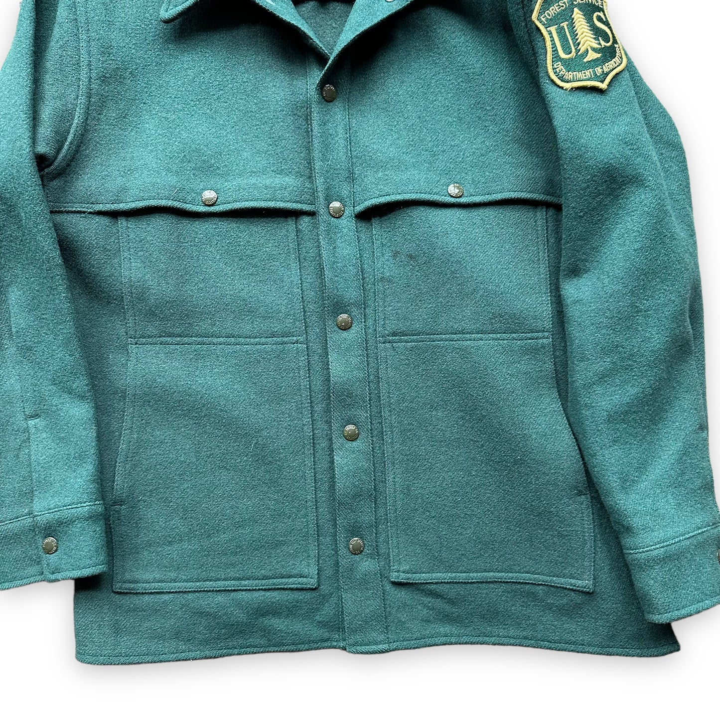 Lower Front View of Vintage Filson USFS Green Cape Coat SZ M XLong | Vintage Filson Forestry Cape Coat | Vintage Workwear Seattle