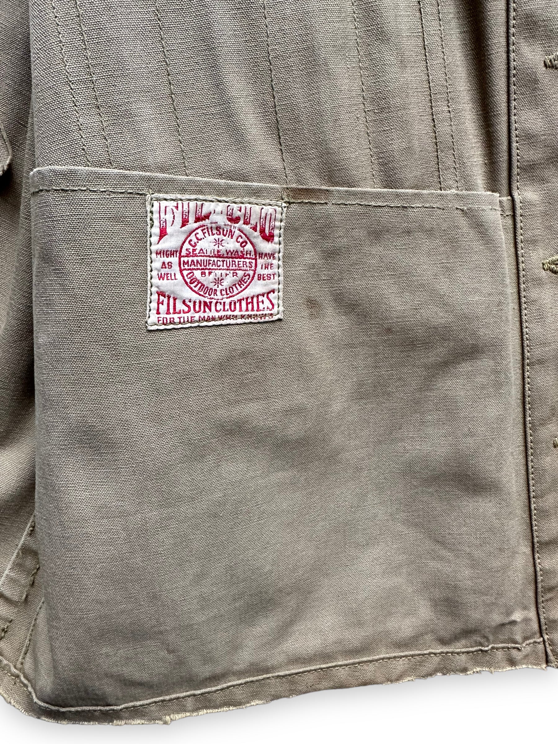 FilClo Tag on Vintage 1930s Era Filson FilClo Era Tin Cloth Vest SZ L |  FilClo Vintage Workwear | Barn Owl Vintage Seattle