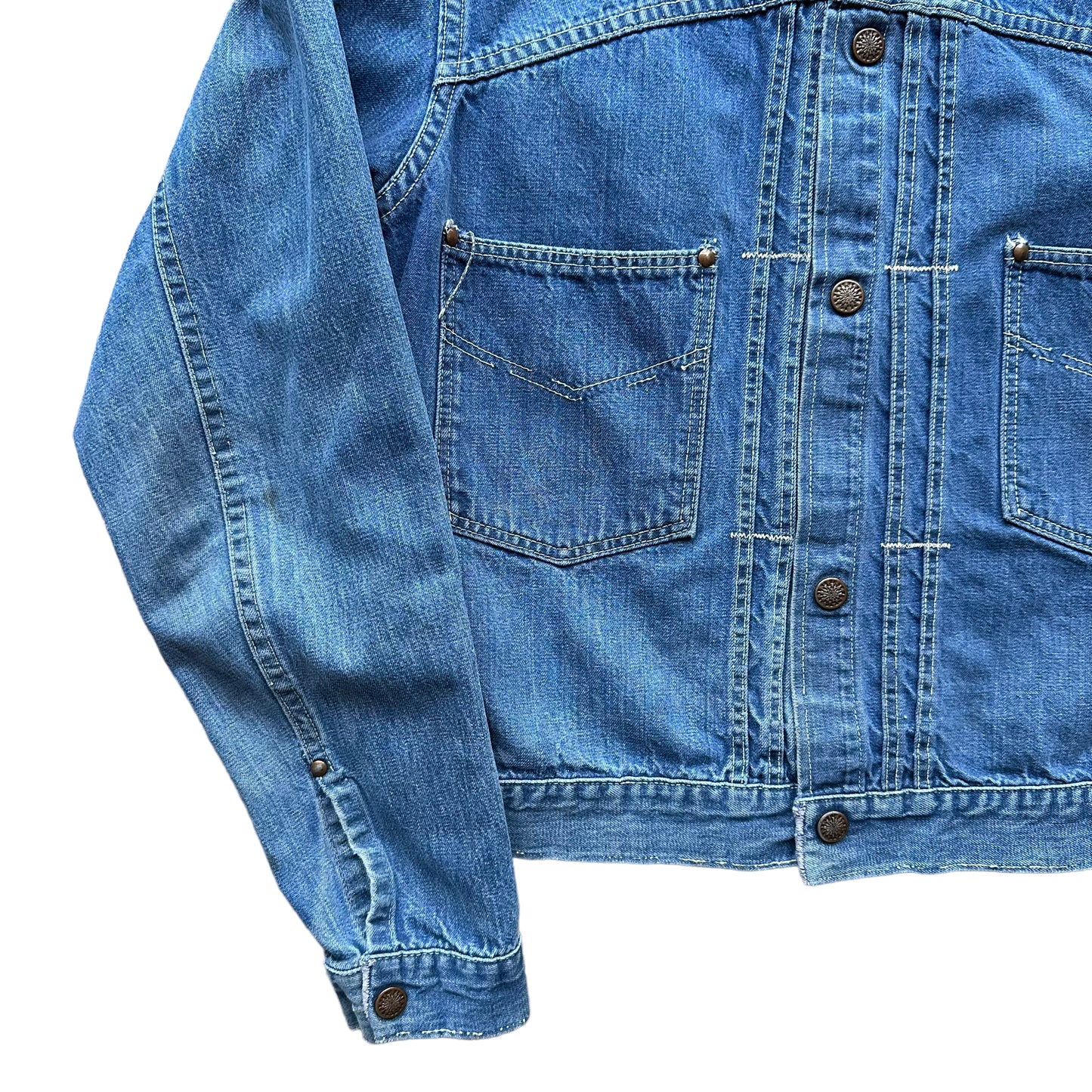 Right Front Detail on Vintage Pleated Type II Style Denim Jacket SZ M  | Vintage Denim Workwear Seattle | Seattle Vintage Denim