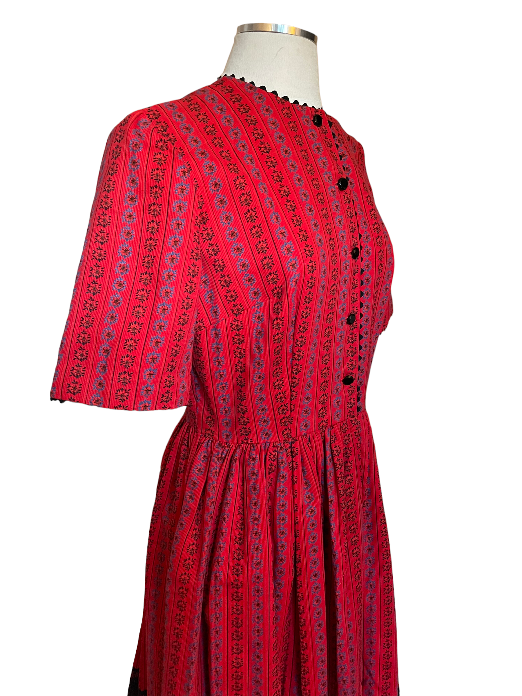 Vintage 1950s Red Corduroy Dress SZ S-M |  Barn Owl Vintage | Seattle Vintage Dresses Right upper side view.