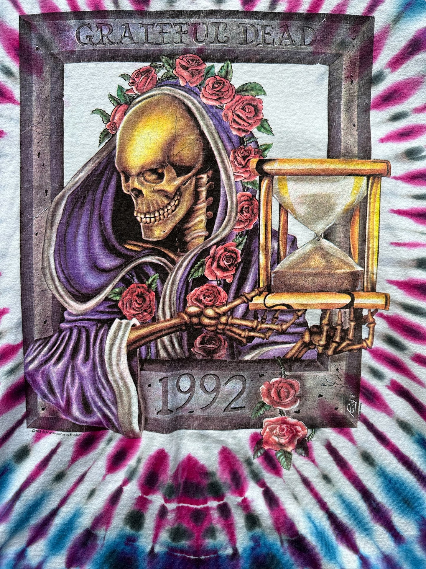 Front Graphic Close Up on Vintage Single Stitch Grateful Dead 1992 NYE Tie Dye Tee SZ XL |  Vintage Grateful Dead Tee Seattle | Barn Owl Vintage