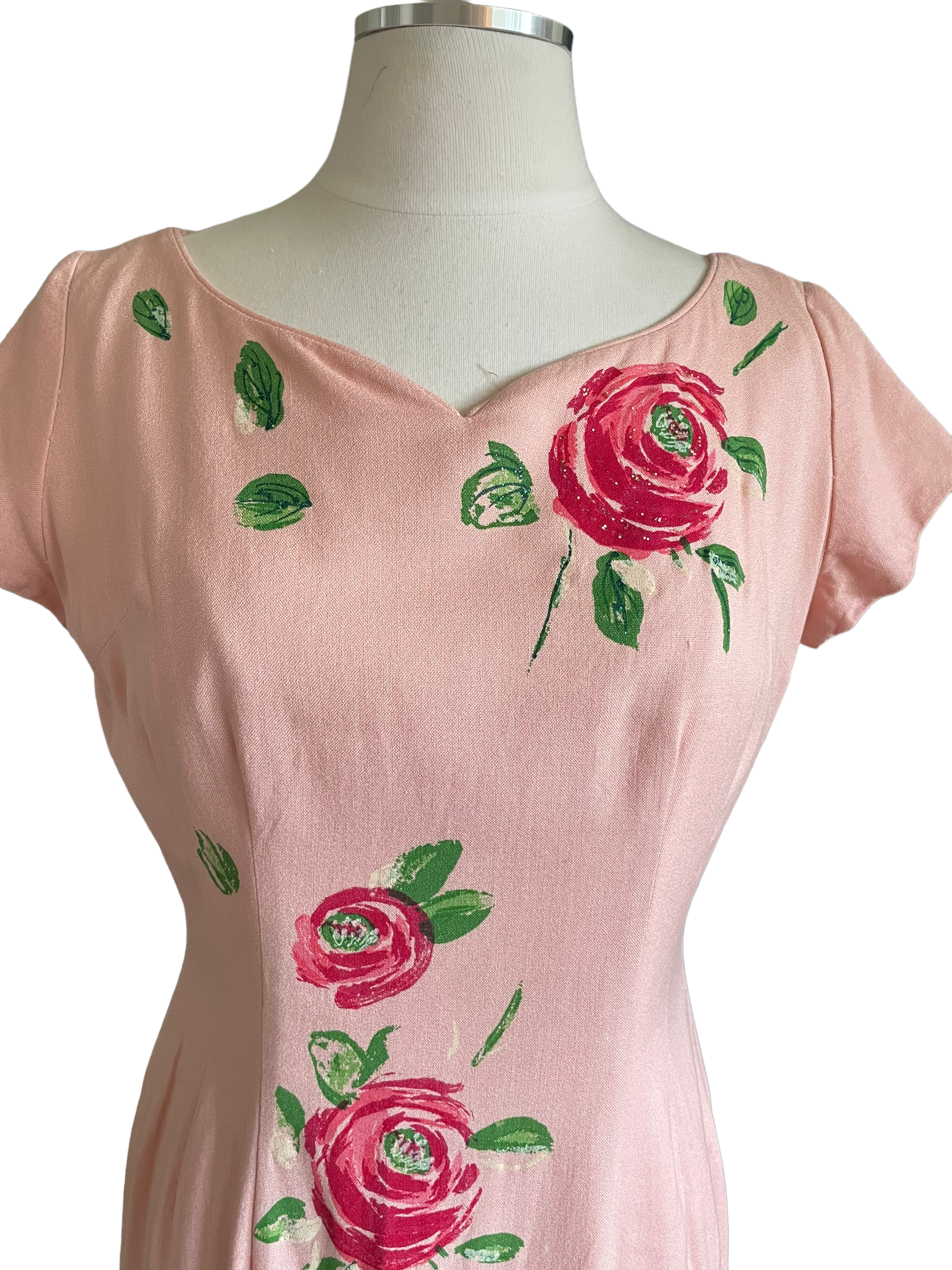 Vintage 1950s Jackie Morgan Painted Roses Dress SZ S |  Barn Owl Vintage | Seattle Vintage Dresses Front top view.