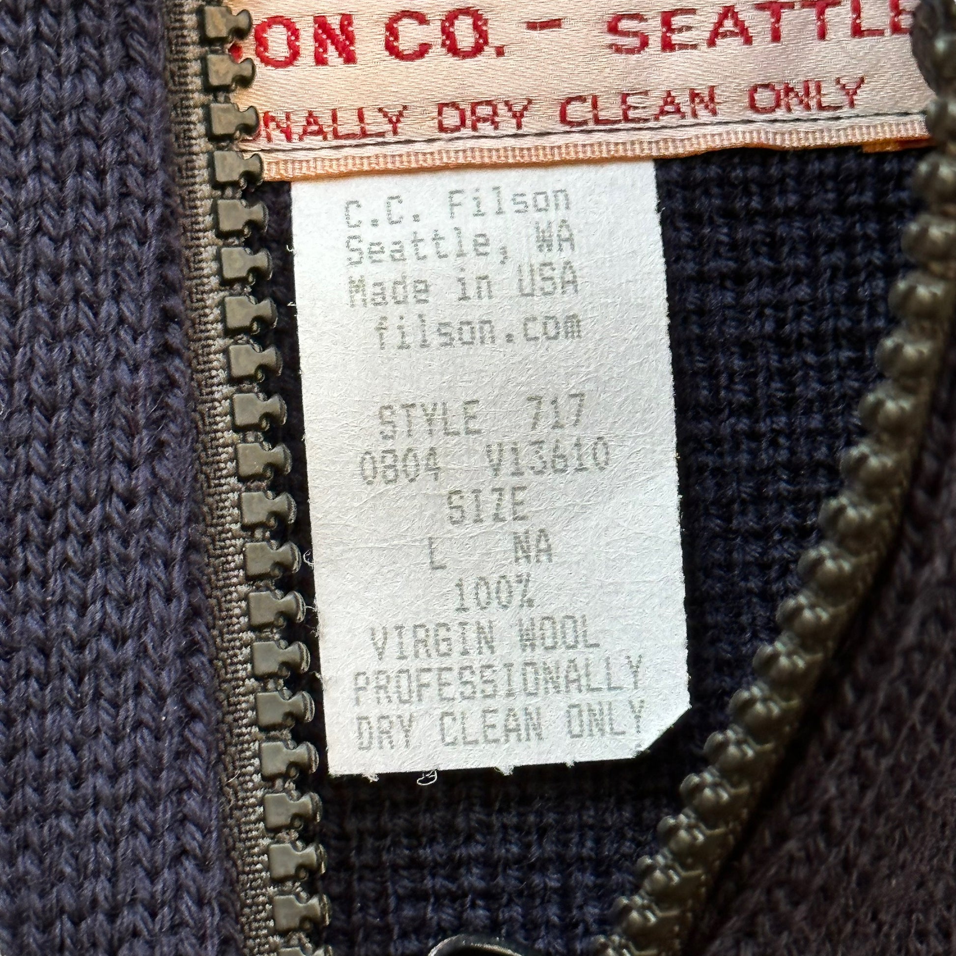 Tag Close Up on Filson Style 717 Navy Blue Zip Up Cardigan SZ L |  Barn Owl Vintage Goods | Vintage Workwear Seattle