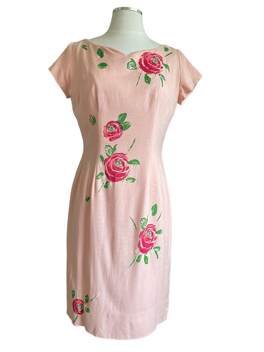 Vintage 1950s Jackie Morgan Painted Roses Dress SZ S |  Barn Owl Vintage | Seattle Vintage Dresses Full front view.