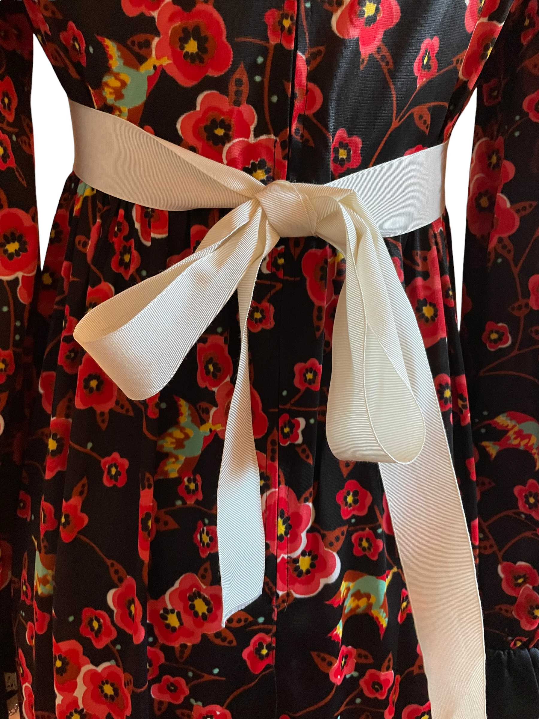 Vintage 1960s Cherry Blossom Maxi Dress SZ S-M |  Barn Owl Vintage | Seattle Vintage Dresses Close up of ribbon tie.