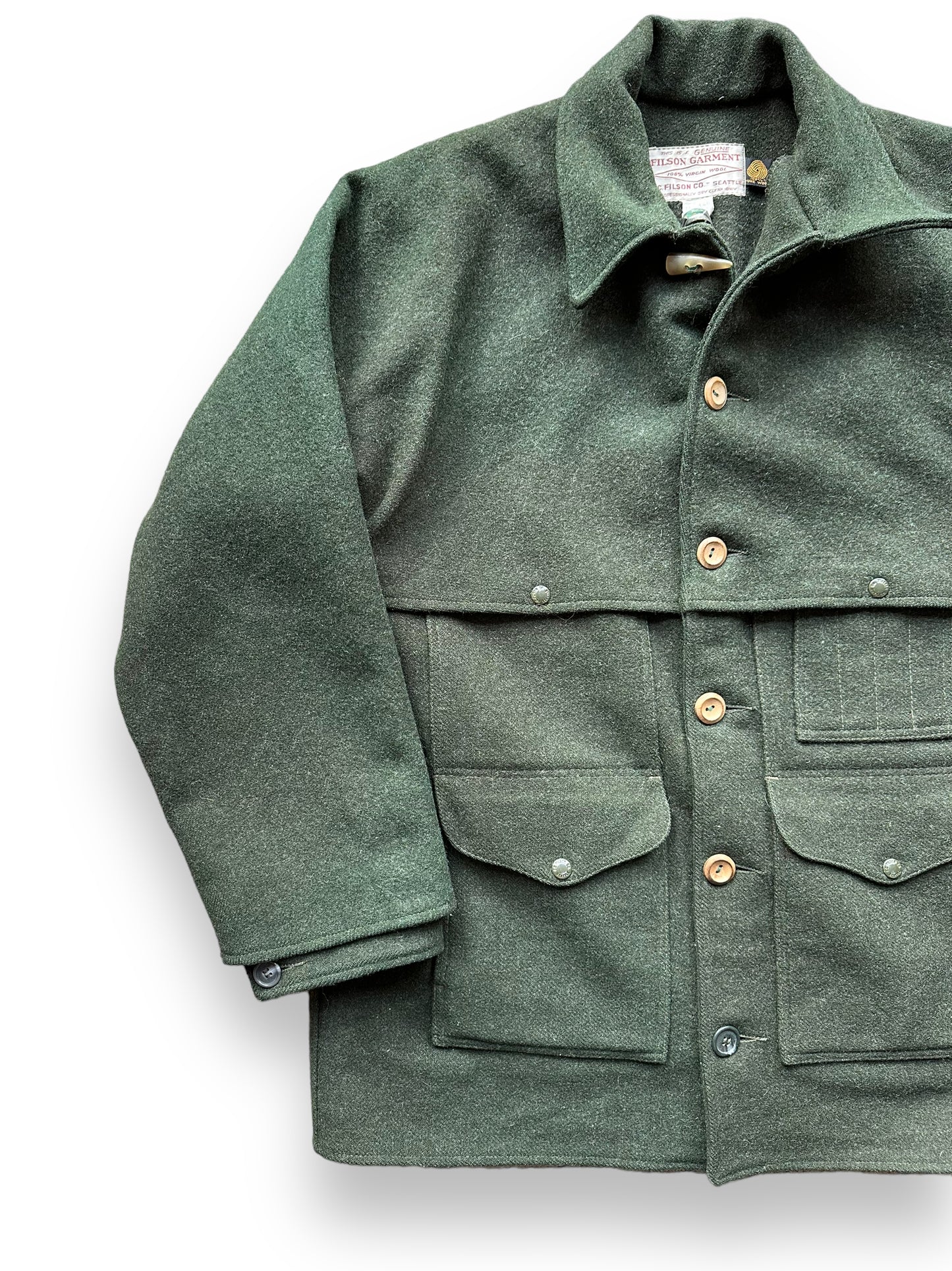Front Right View of Vintage Filson Forest Green Double Mackinaw Cruiser SZ 46 XL |  Barn Owl Vintage Goods | Vintage Workwear Seattle